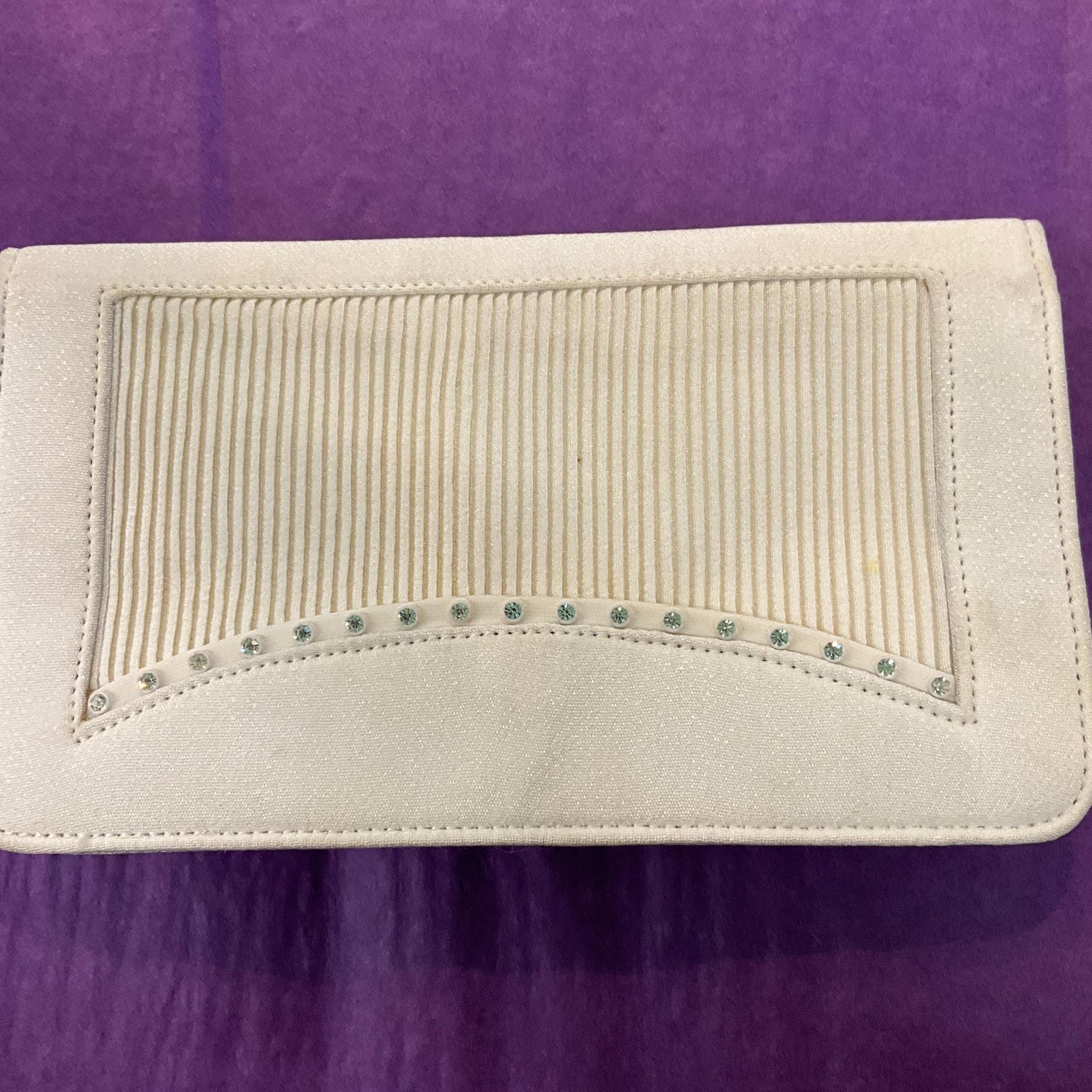 Vintage 1950s Ivory Crepe Silk Clutch Bag by CFR, finely pleated panel with silver rhinestone crystal trim, vintage wedding