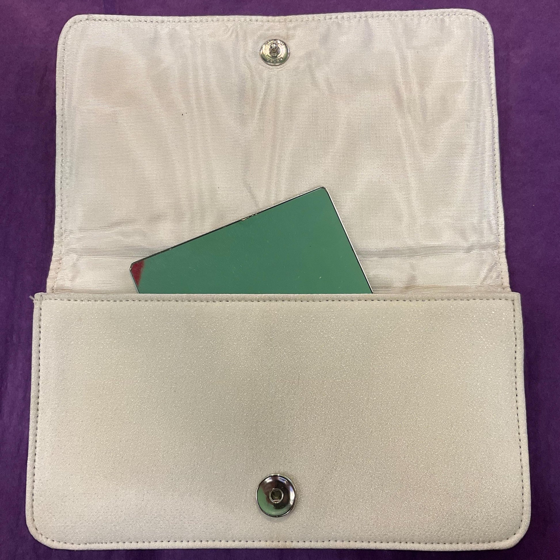 Vintage 1950s Ivory Crepe Silk Clutch Bag by CFR, finely pleated panel with silver rhinestone crystal trim, vintage wedding