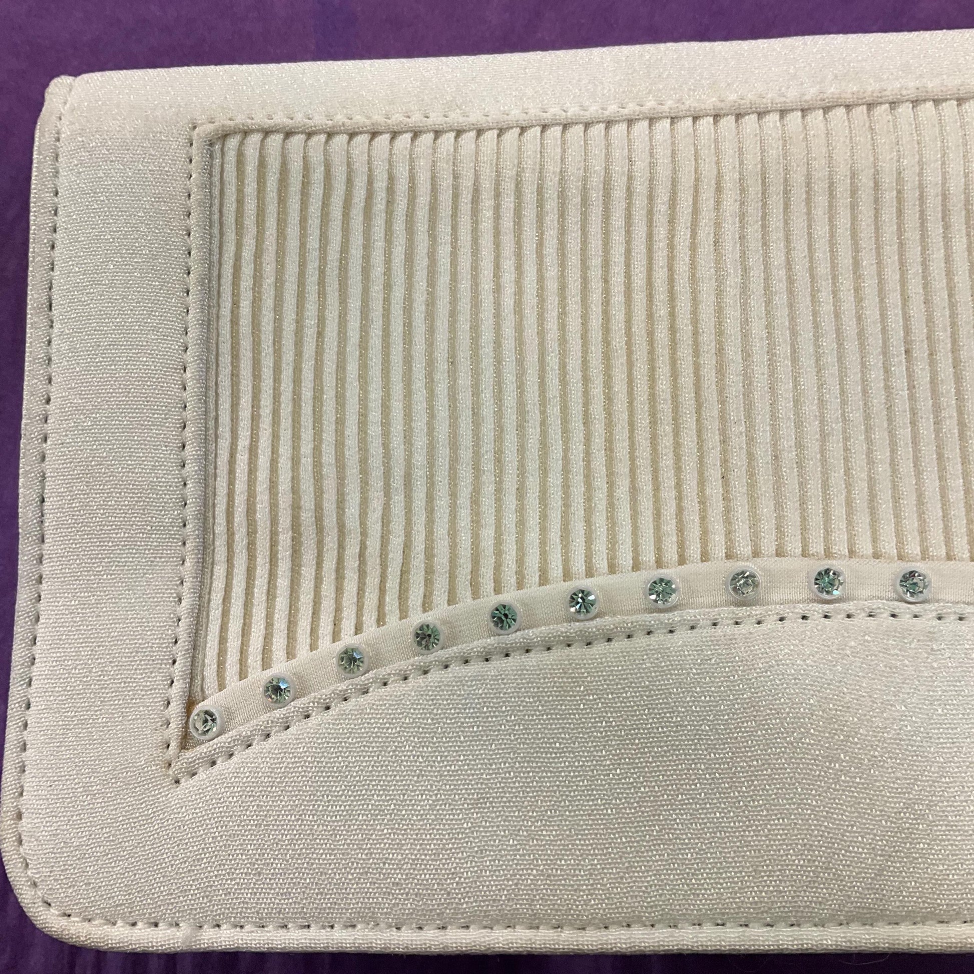 Vintage 1950s Ivory Crepe Silk Clutch Bag by CFR, finely pleated panel with silver rhinestone crystal trim, vintage wedding