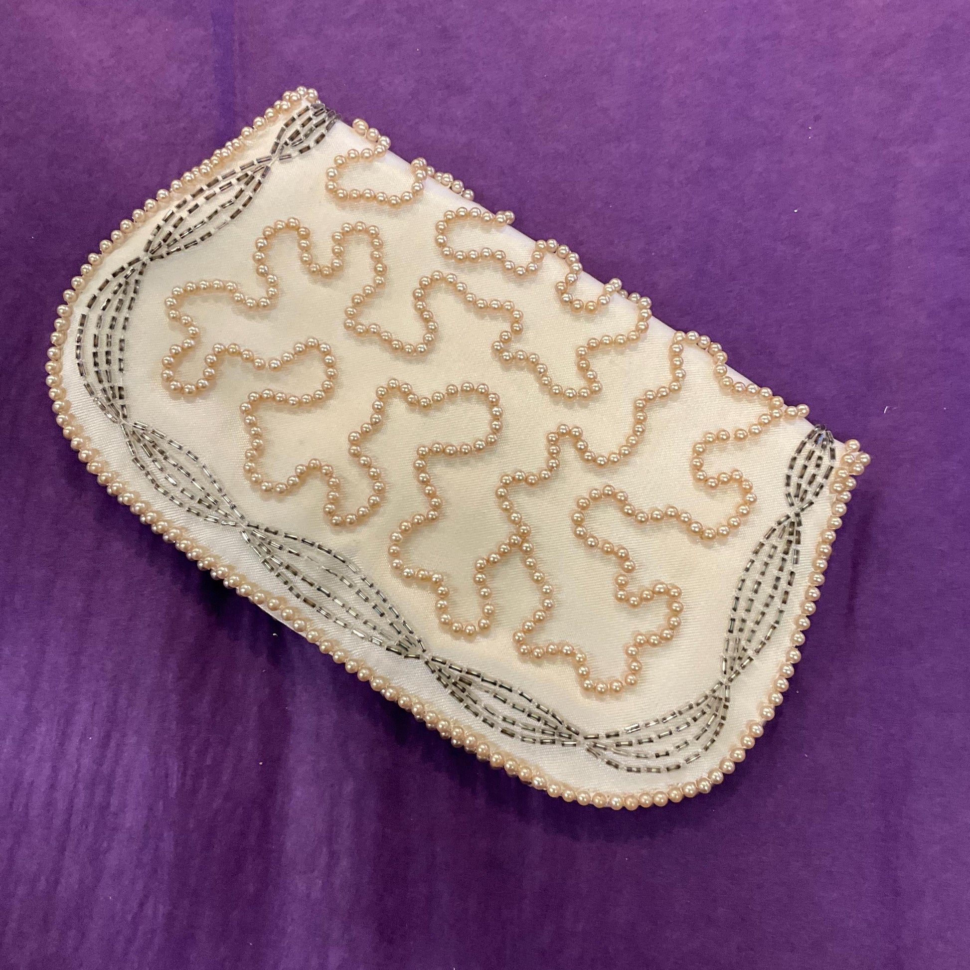 Vintage 1950s/60s Art Deco Style Ivory satin Beaded Clutch Bag, Faux Pearls and Pewter Bugle Beads, Formal Event
