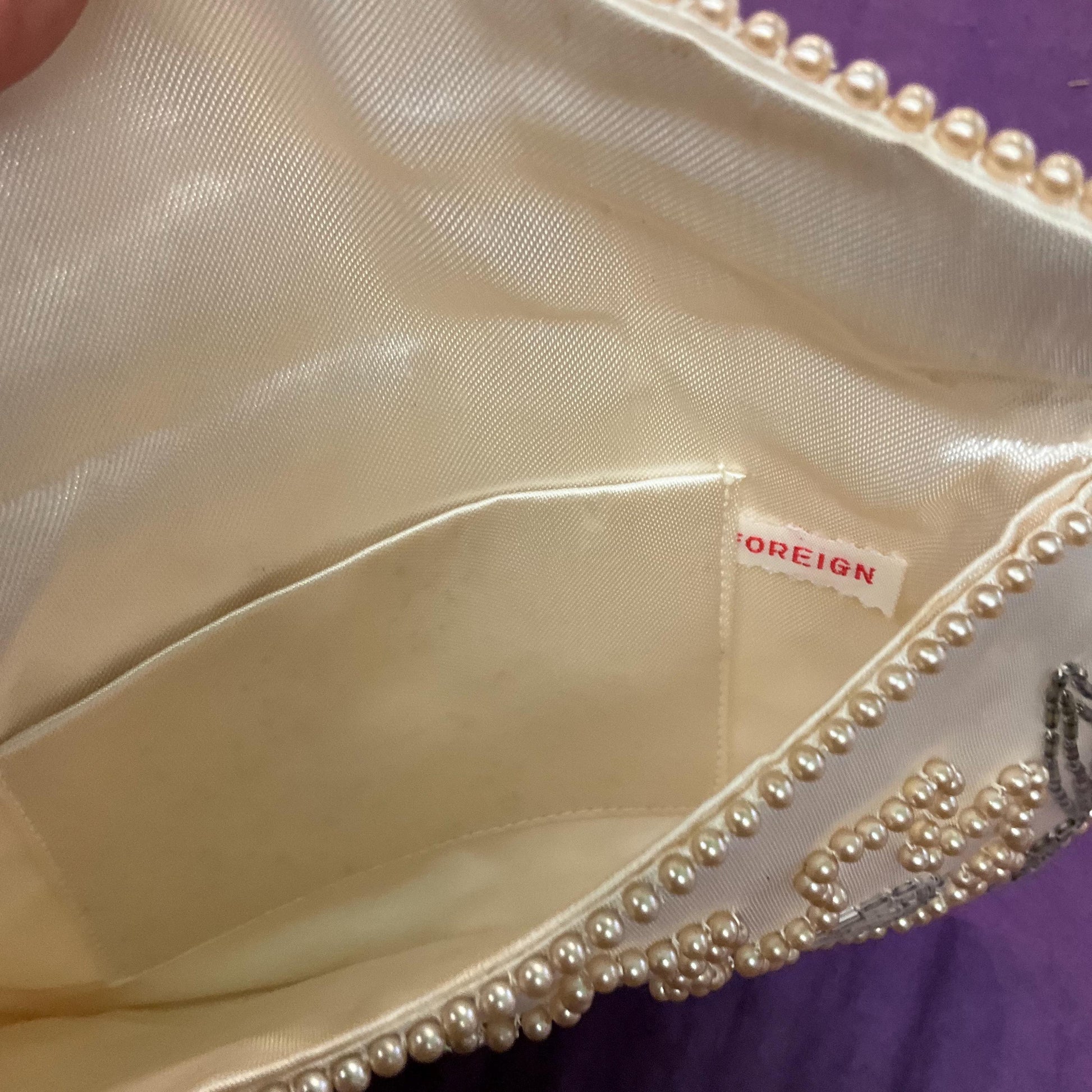 Vintage 1950s/60s Art Deco Style Ivory satin Beaded Clutch Bag, Faux Pearls and Pewter Bugle Beads, Formal Event