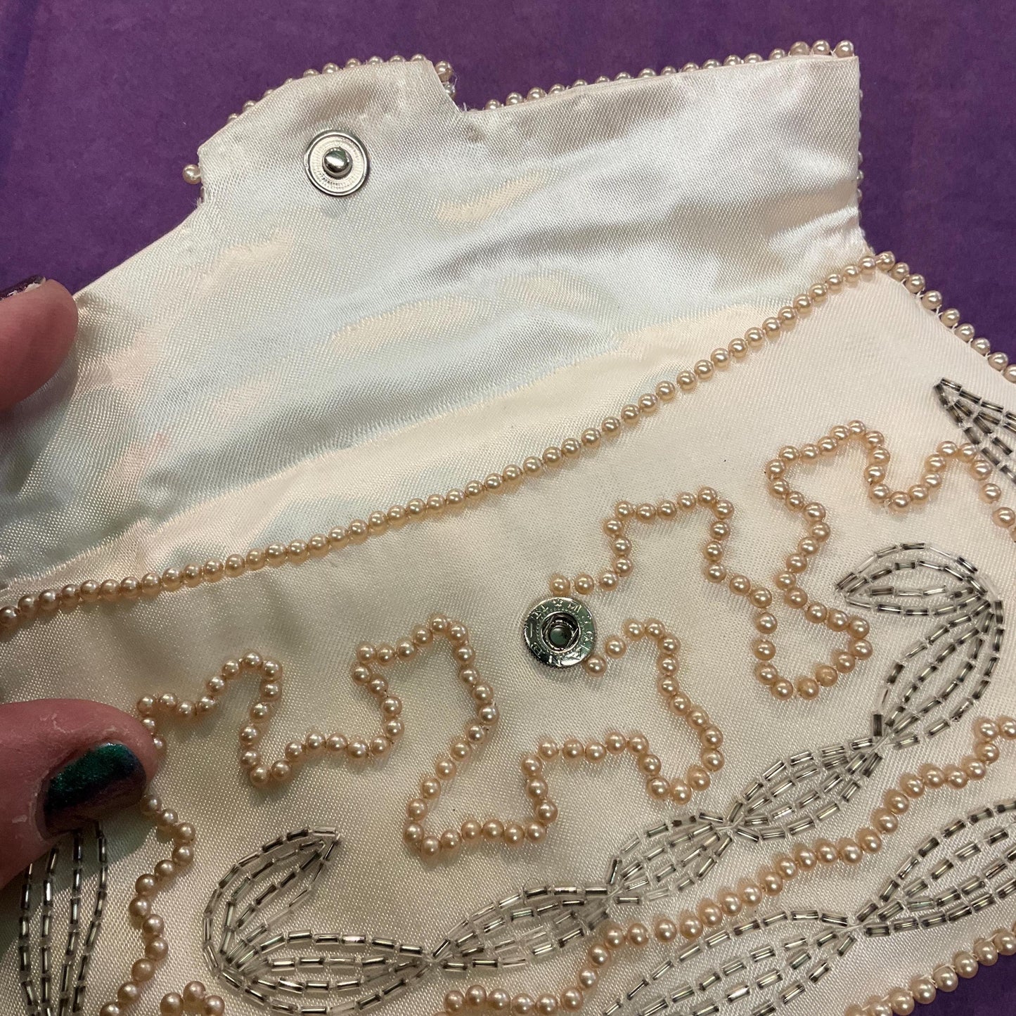 Vintage 1950s/60s Art Deco Style Ivory satin Beaded Clutch Bag, Faux Pearls and Pewter Bugle Beads, Formal Event