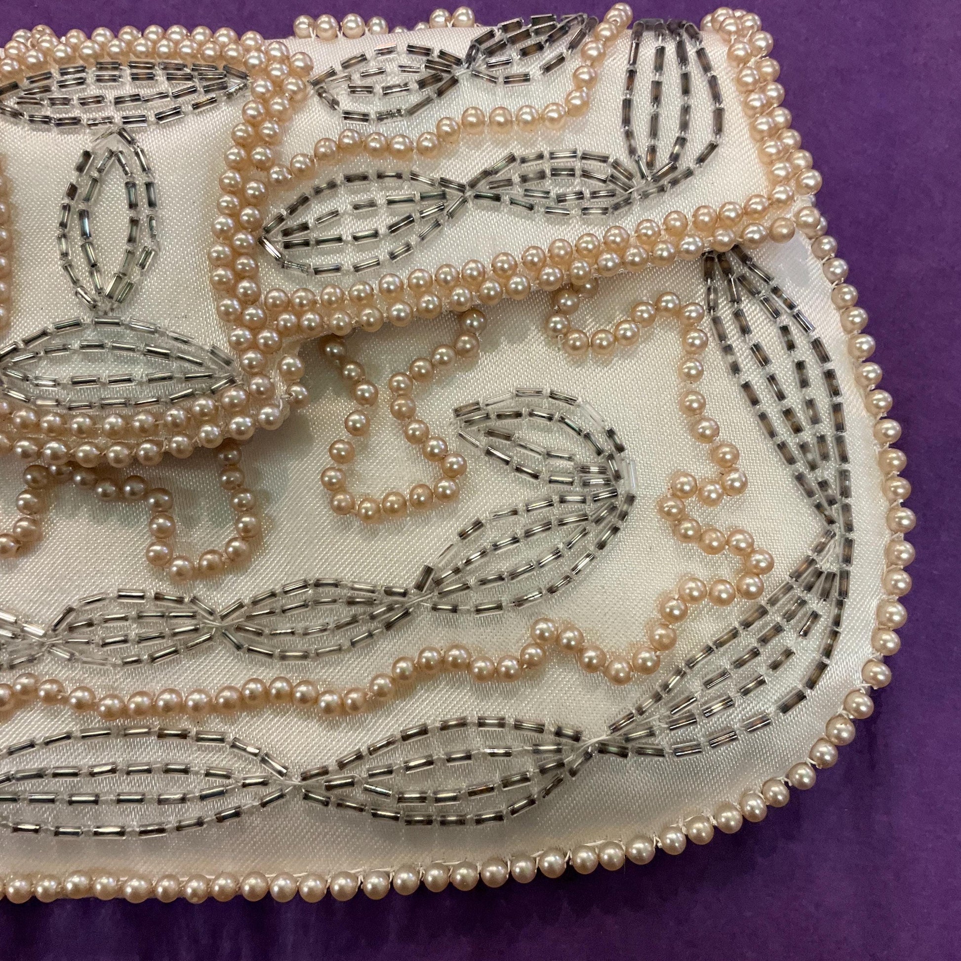 Vintage 1950s/60s Art Deco Style Ivory satin Beaded Clutch Bag, Faux Pearls and Pewter Bugle Beads, Formal Event