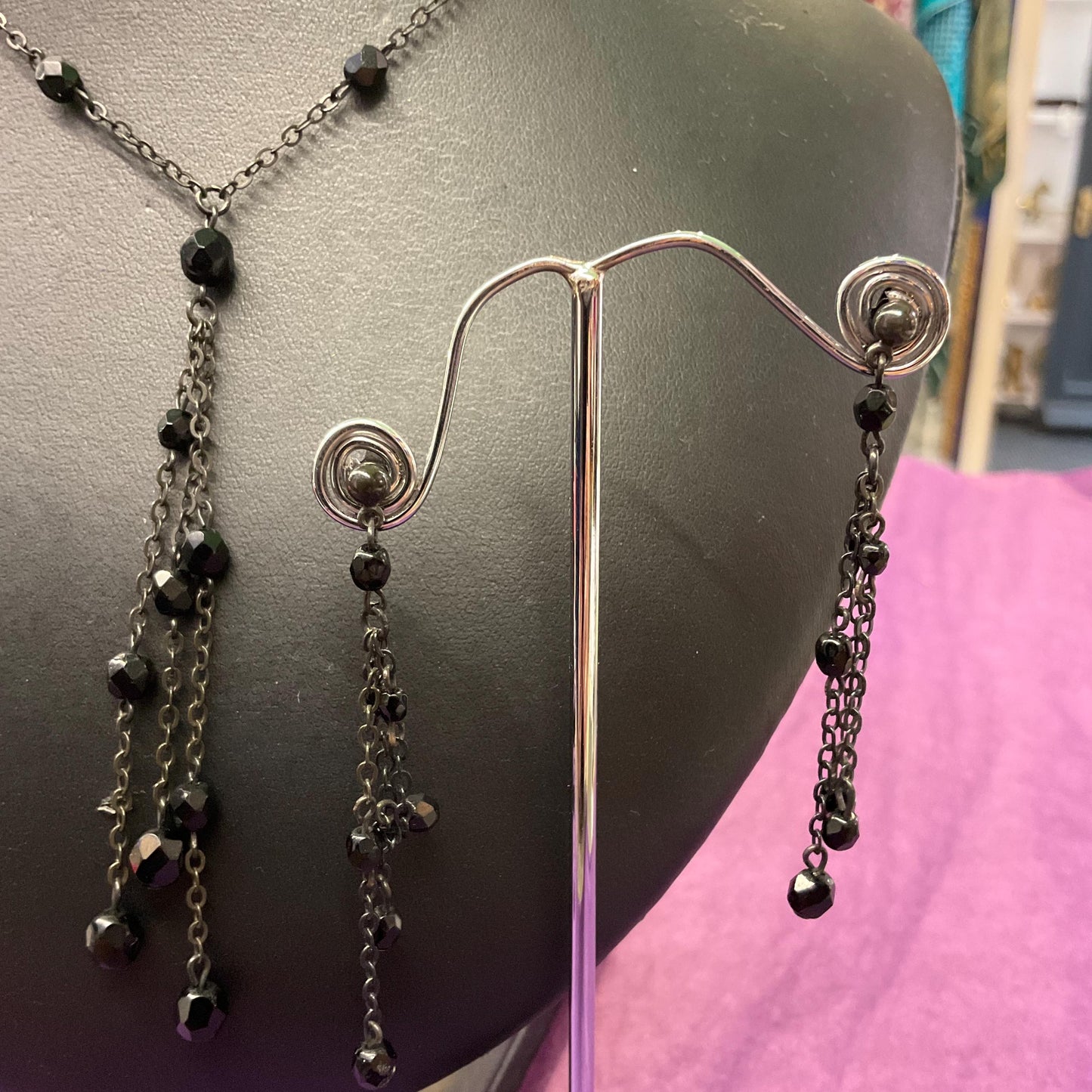 Vintage Butler and Wilson Black Crystal Gothic Necklace and Drop Earring Set , Dark Pewter tone with Black faceted crystals