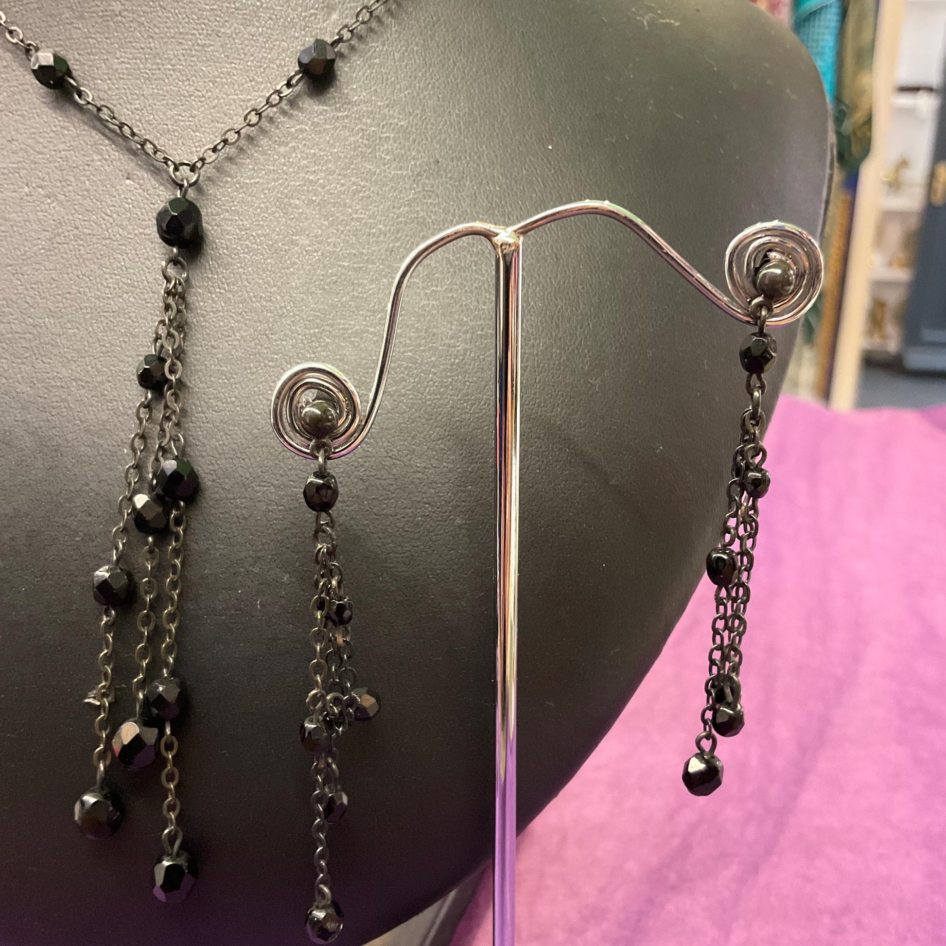 Vintage Butler and Wilson Black Crystal Gothic Necklace and Drop Earring Set , Dark Pewter tone with Black faceted crystals