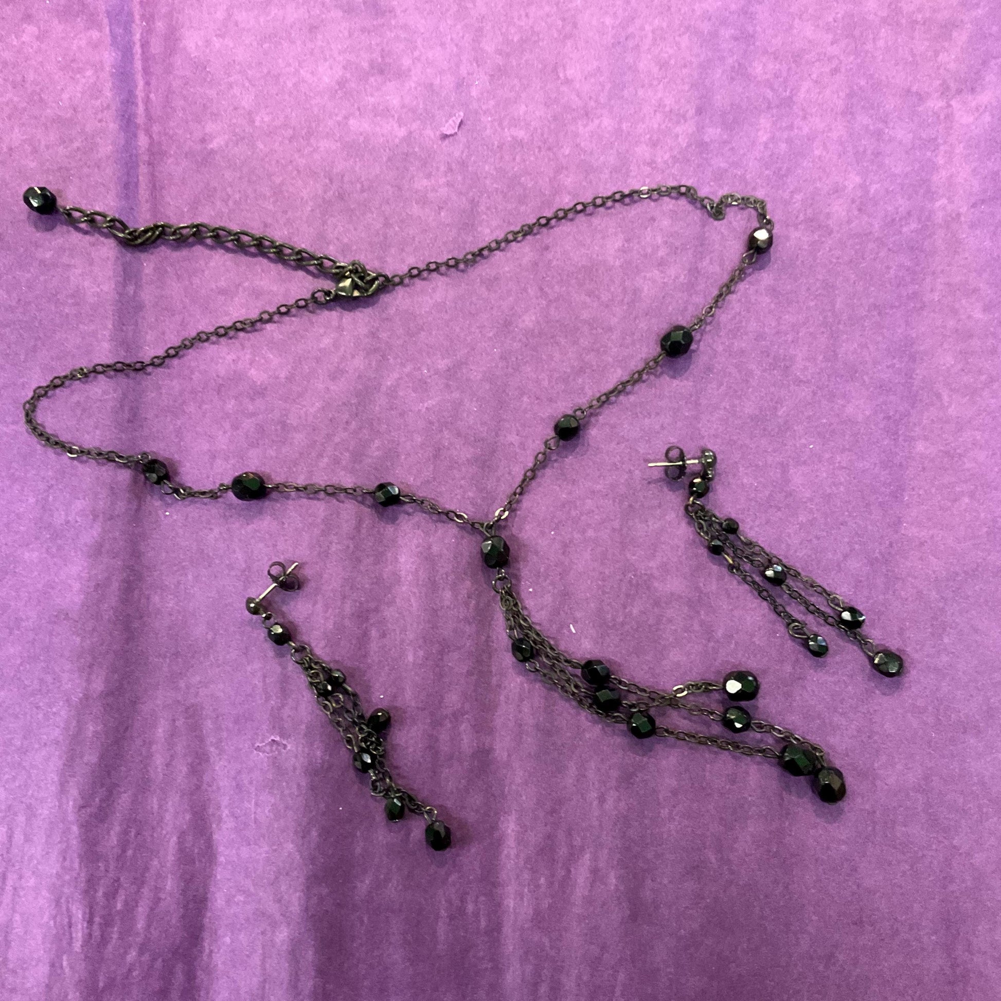 Vintage Butler and Wilson Black Crystal Gothic Necklace and Drop Earring Set , Dark Pewter tone with Black faceted crystals