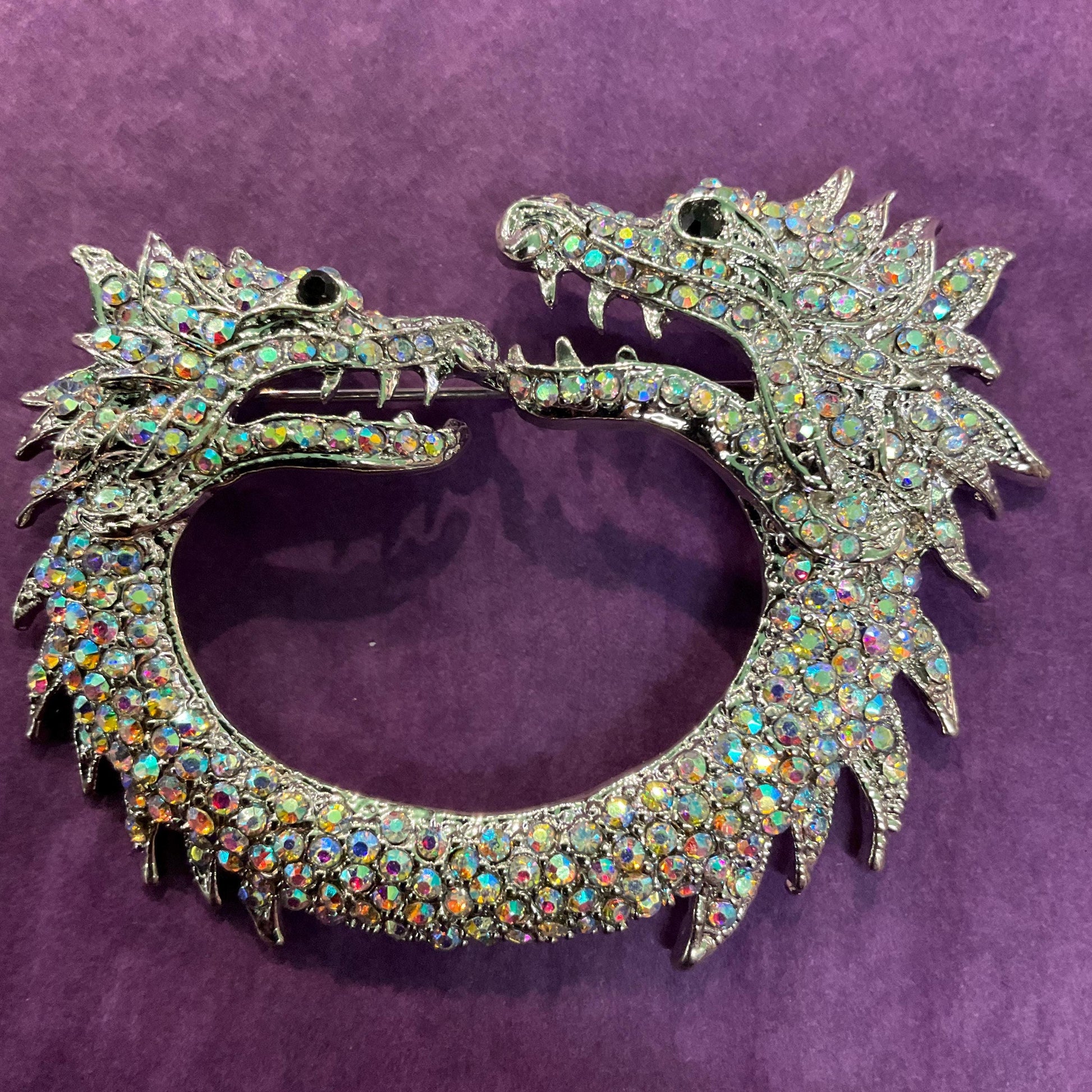 Vintage Statement Aurora Borealis Crystal Dragons Brooch, Silver tone with Rainbow rhinestones, Sustainable Gift