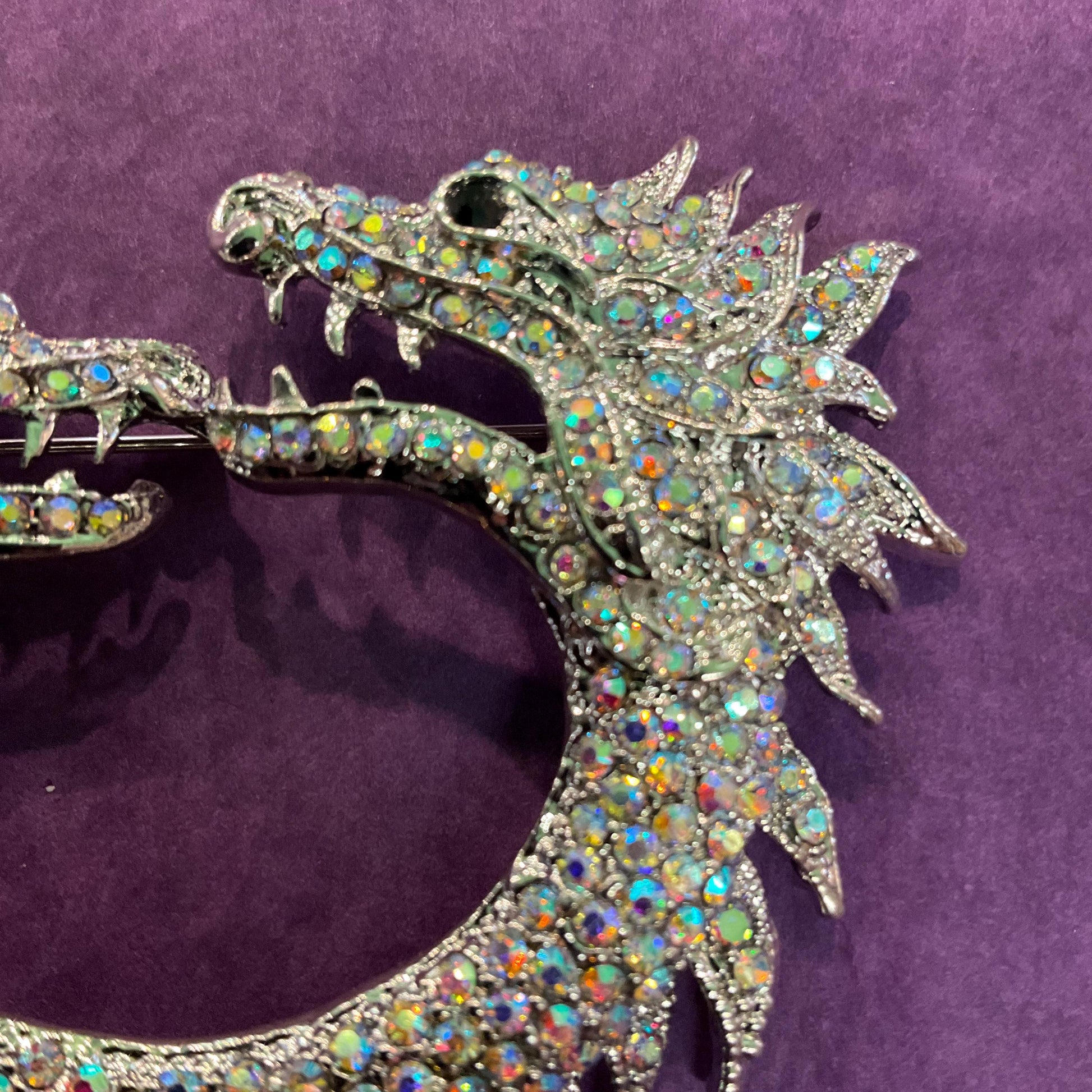 Vintage Statement Aurora Borealis Crystal Dragons Brooch, Silver tone with Rainbow rhinestones, Sustainable Gift
