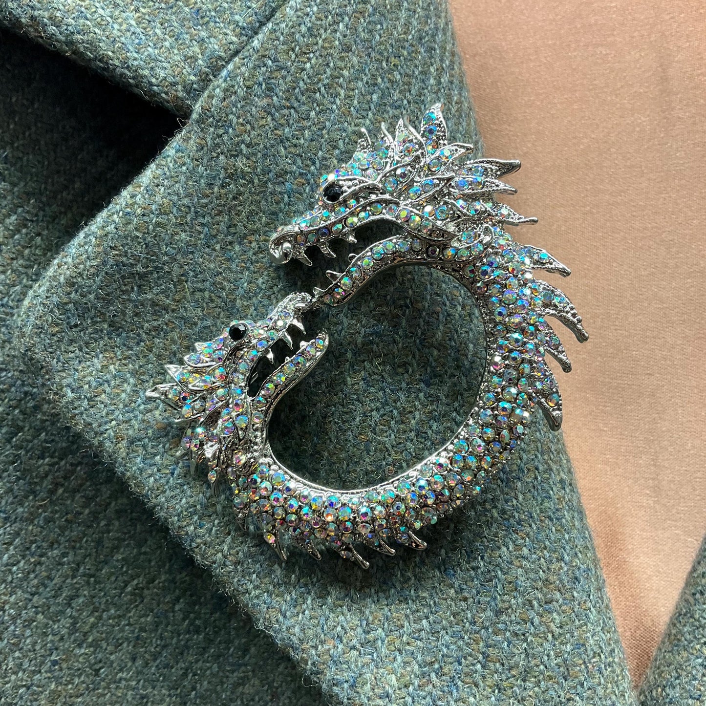 Vintage Statement Aurora Borealis Crystal Dragons Brooch, Silver tone with Rainbow rhinestones, Sustainable Gift