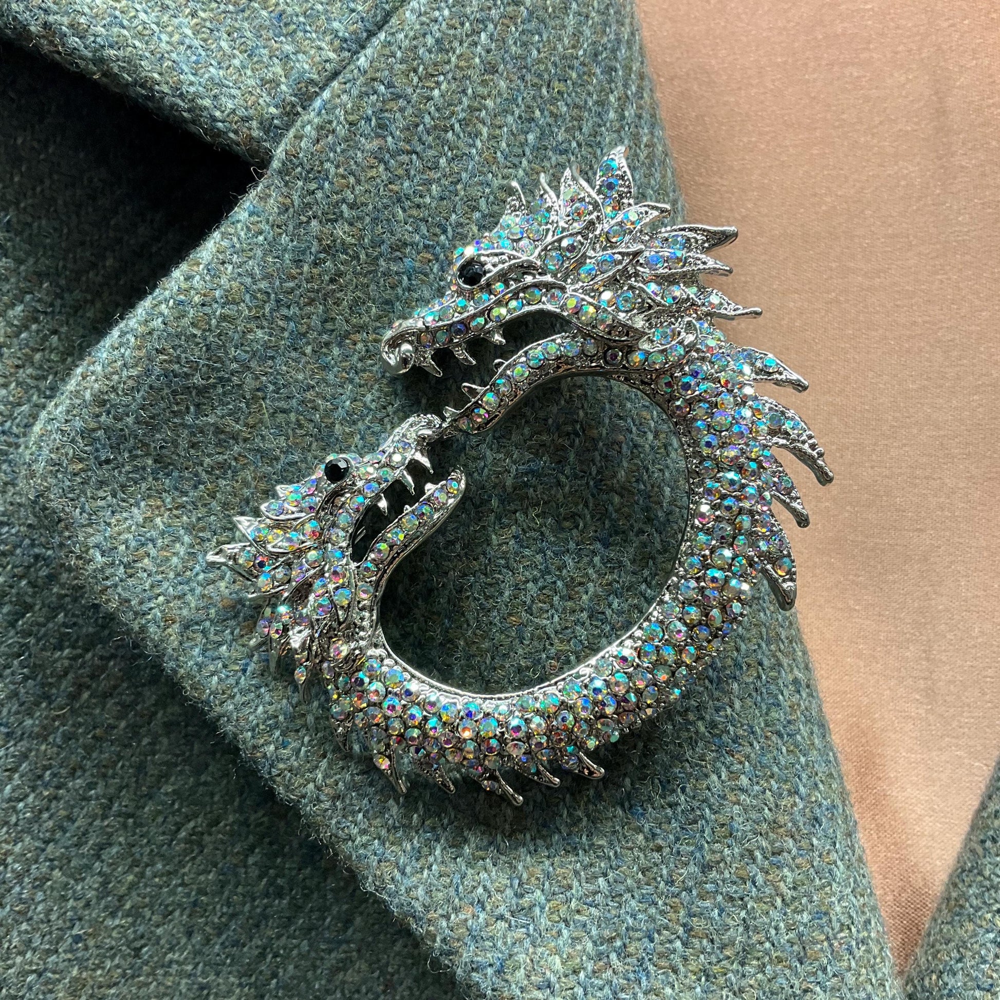 Vintage Statement Aurora Borealis Crystal Dragons Brooch, Silver tone with Rainbow rhinestones, Sustainable Gift