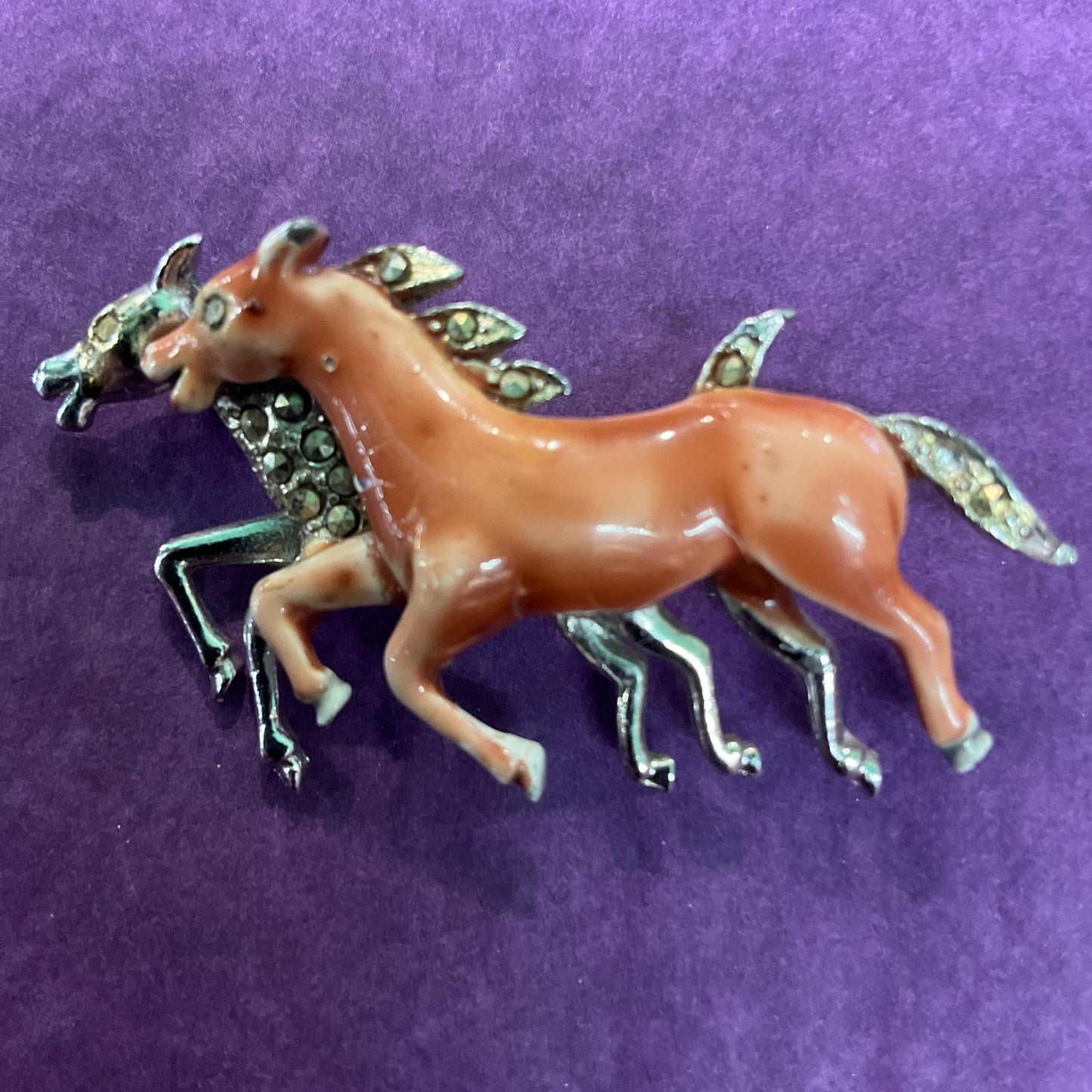 Vintage 1940s Bohemian Racing Horses Marcasite Brooch, Silver tone with hand painted enamel and gemstones