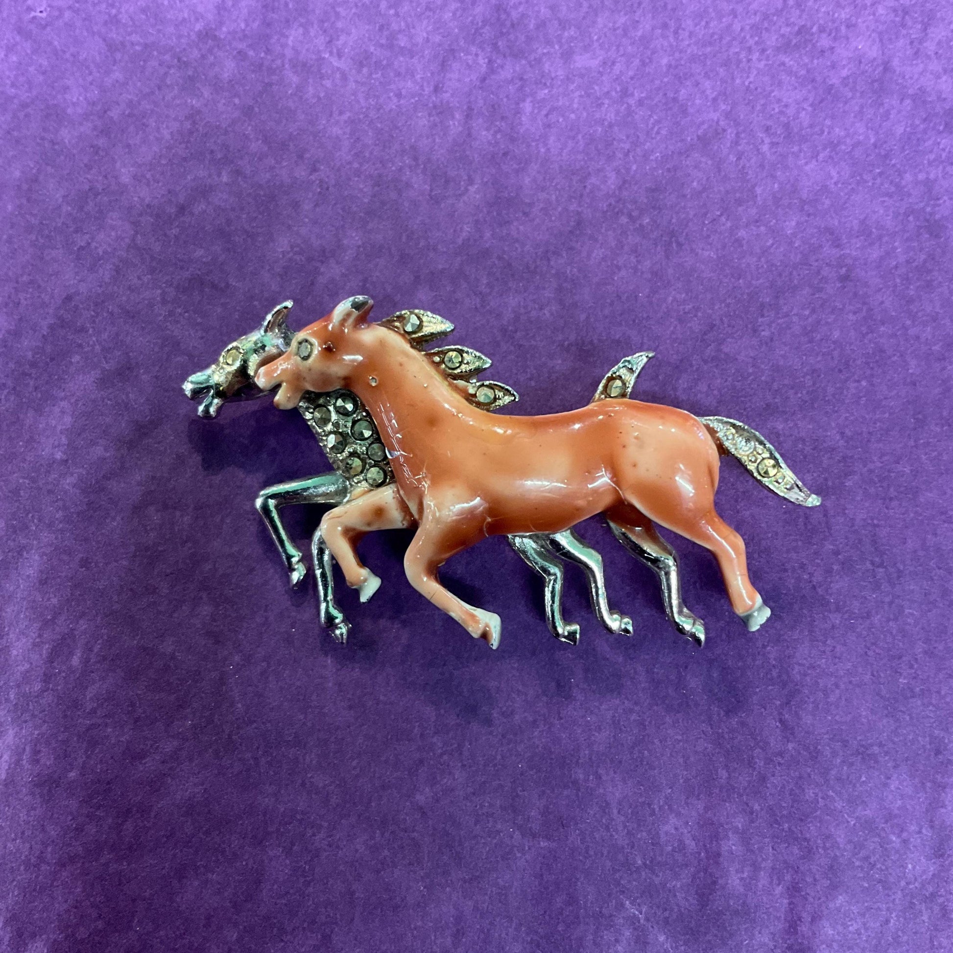 Vintage 1940s Bohemian Racing Horses Marcasite Brooch, Silver tone with hand painted enamel and gemstones