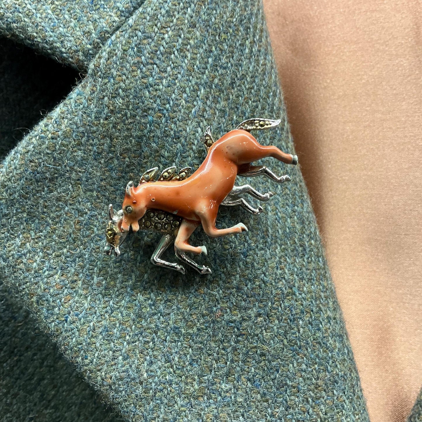 Vintage 1940s Bohemian Racing Horses Marcasite Brooch, Silver tone with hand painted enamel and gemstones