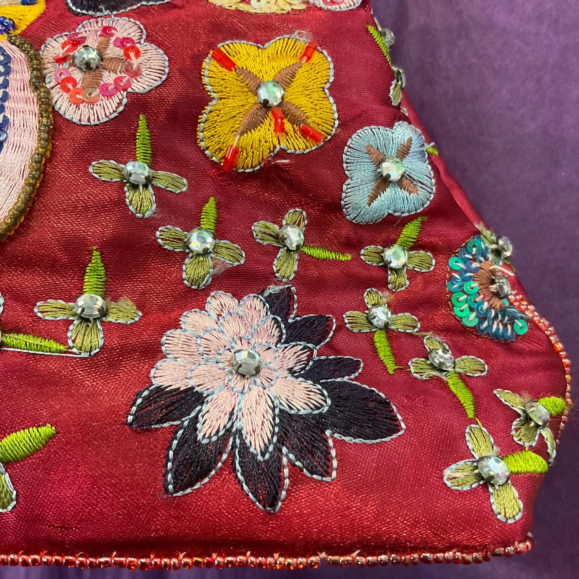 Vintage Butler and Wilson Embroidered and Beaded Satin Evening Bag, Deep Rose Pink, Abstract florals with silver crystal trim