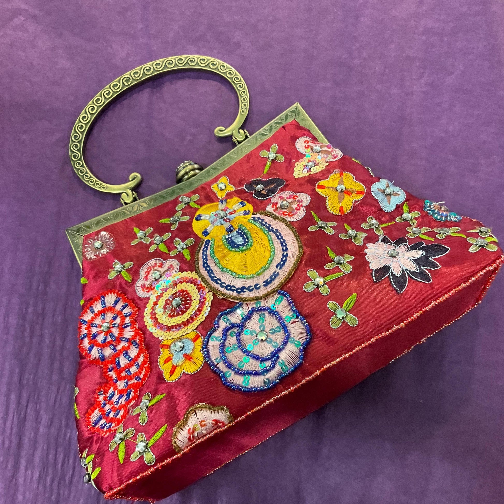 Vintage Butler and Wilson Embroidered and Beaded Satin Evening Bag, Deep Rose Pink, Abstract florals with silver crystal trim