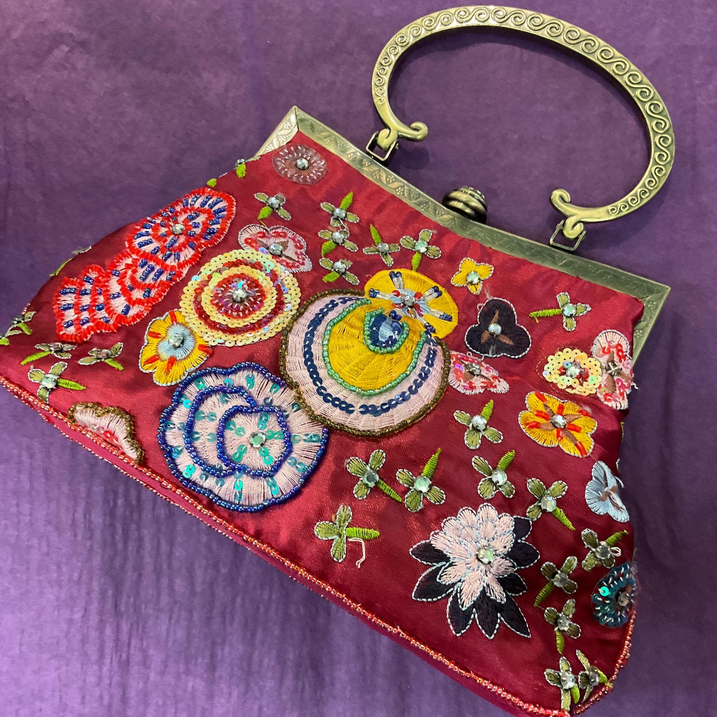 Vintage Butler and Wilson Embroidered and Beaded Satin Evening Bag, Deep Rose Pink, Abstract florals with silver crystal trim