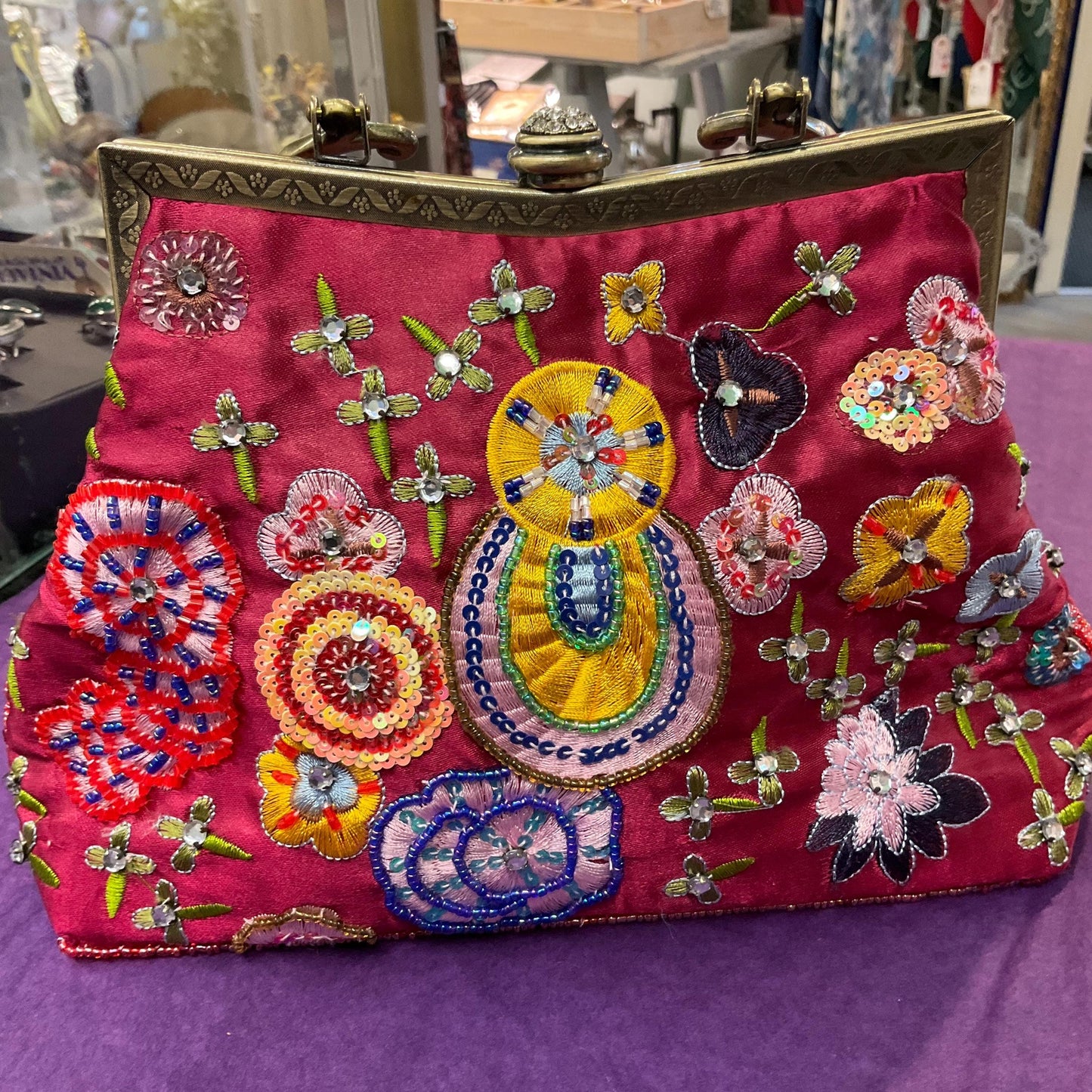 Vintage Butler and Wilson Embroidered and Beaded Satin Evening Bag, Deep Rose Pink, Abstract florals with silver crystal trim