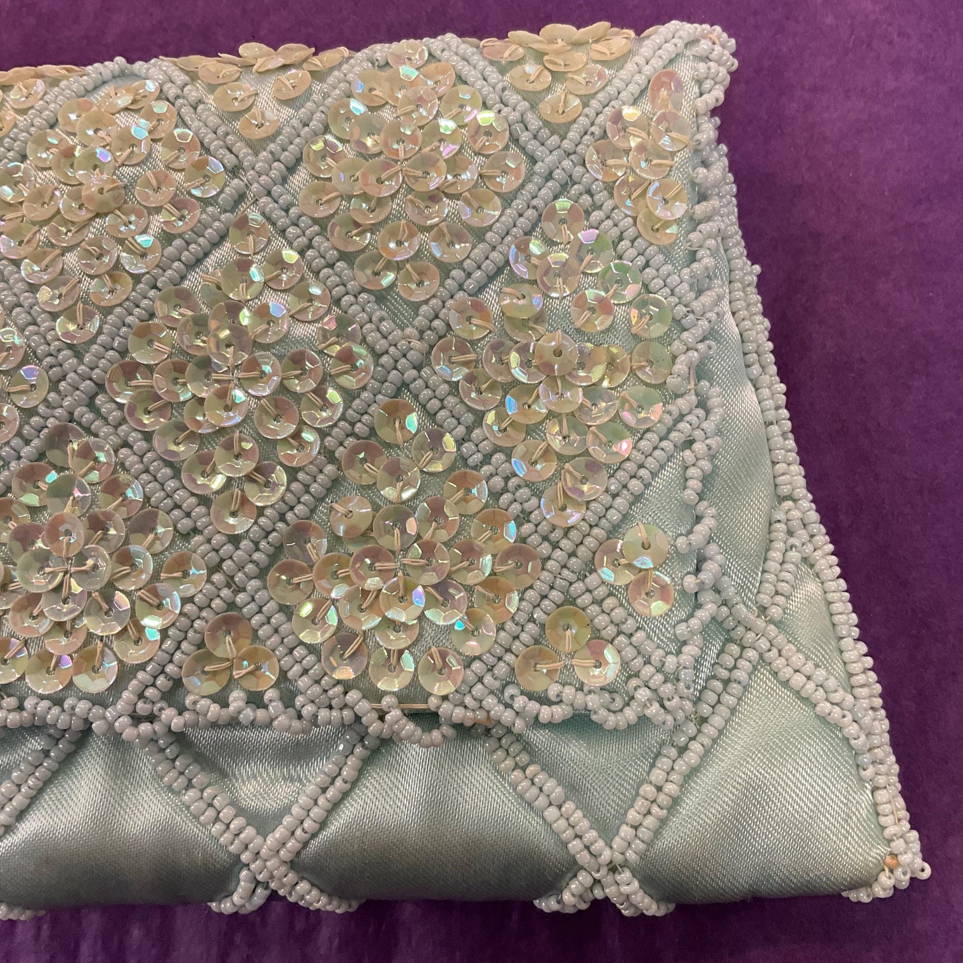 Vintage 1950s/60s Pale Aqua Satin Beaded Clutch Bag, Trellis decoration with seed beads and Borealis rainbow sequins , formal event