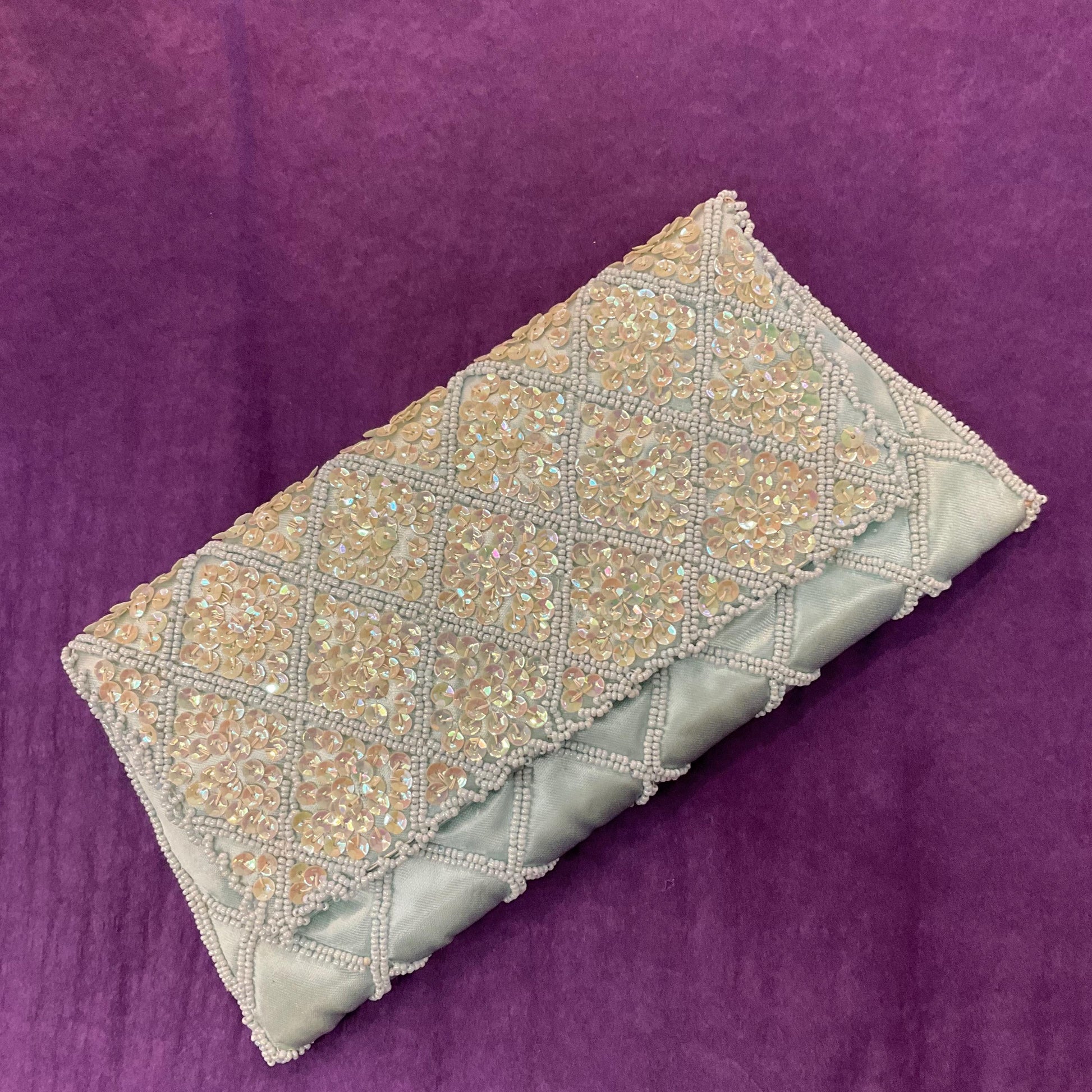 Vintage 1950s/60s Pale Aqua Satin Beaded Clutch Bag, Trellis decoration with seed beads and Borealis rainbow sequins , formal event