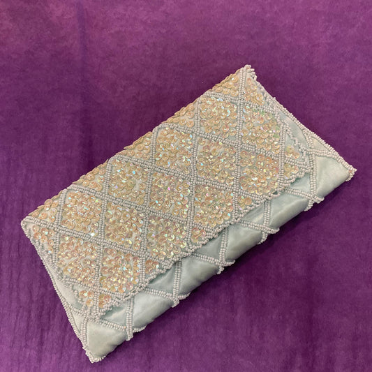 Vintage 1950s/60s Pale Aqua Satin Beaded Clutch Bag, Trellis decoration with seed beads and Borealis rainbow sequins , formal event