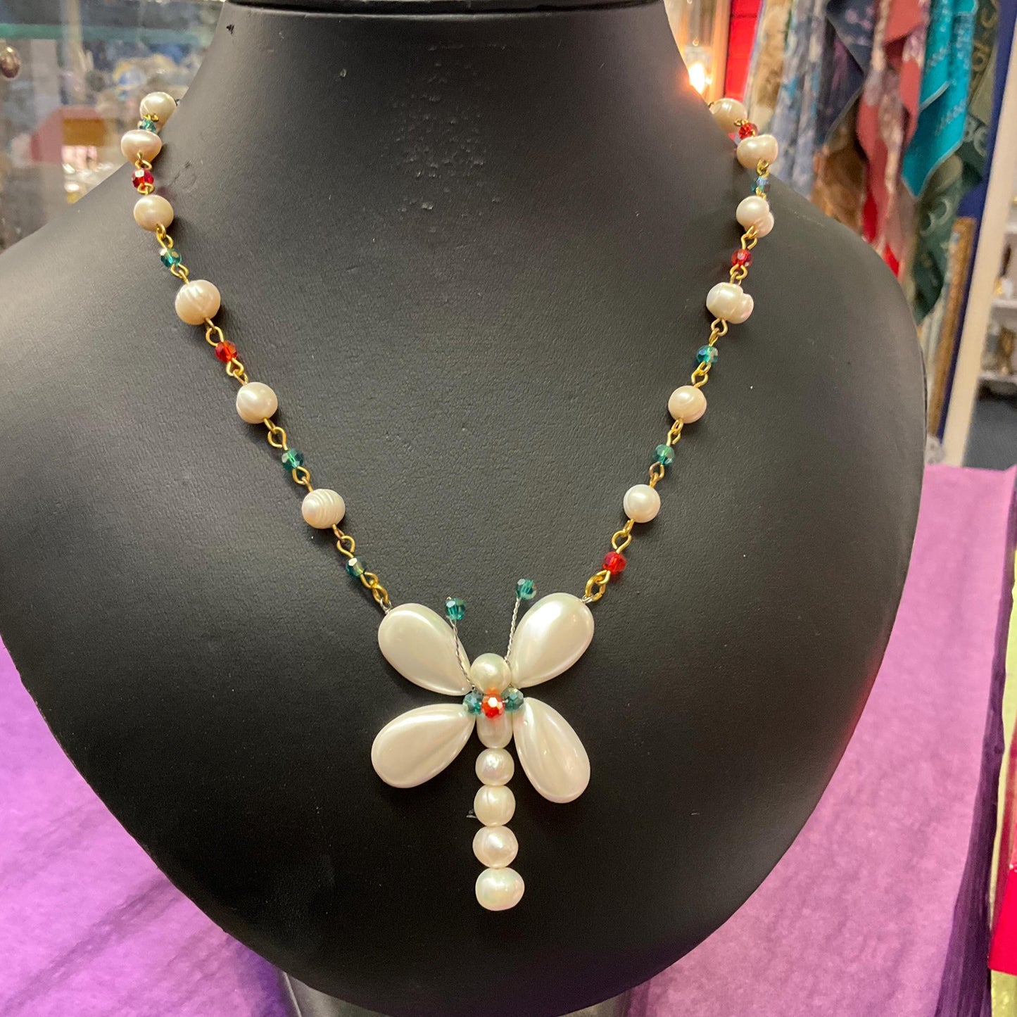 Vintage Butler and Wilson Fresh Water Pearl and Crystal Butterfly Drop Necklace,Ivory pearls with Red and Green crystals, signed as new