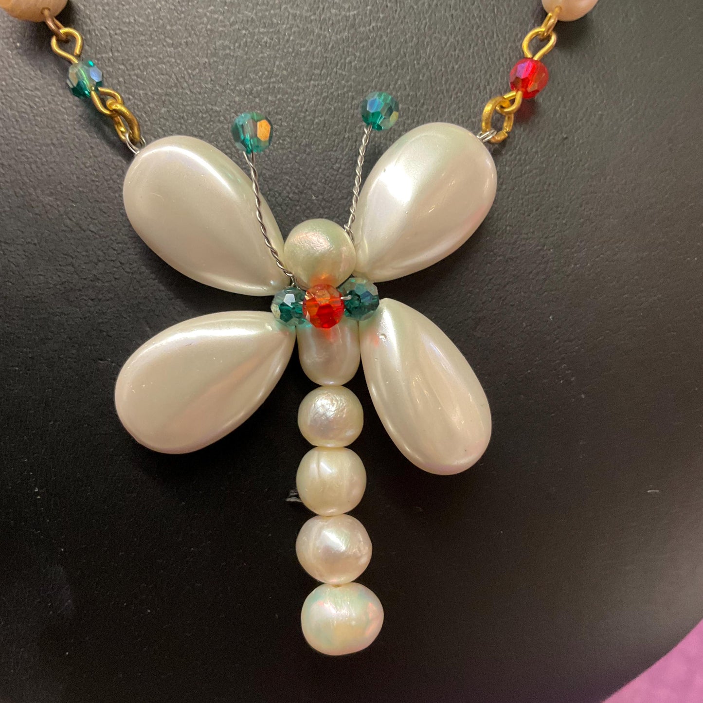 Vintage Butler and Wilson Fresh Water Pearl and Crystal Butterfly Drop Necklace,Ivory pearls with Red and Green crystals, signed as new