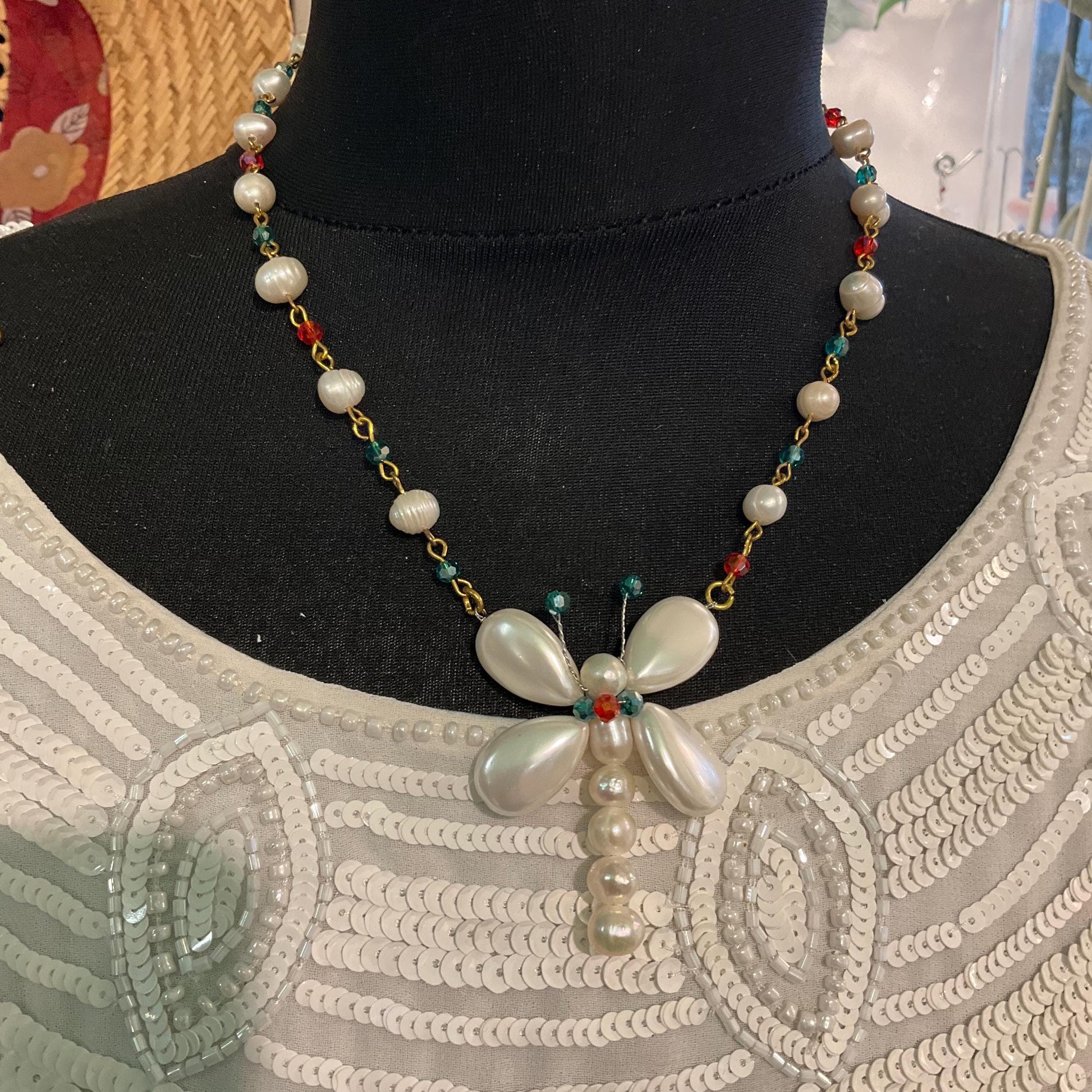 Vintage Butler and Wilson Fresh Water Pearl and Crystal Butterfly Drop Necklace,Ivory pearls with Red and Green crystals, signed as new