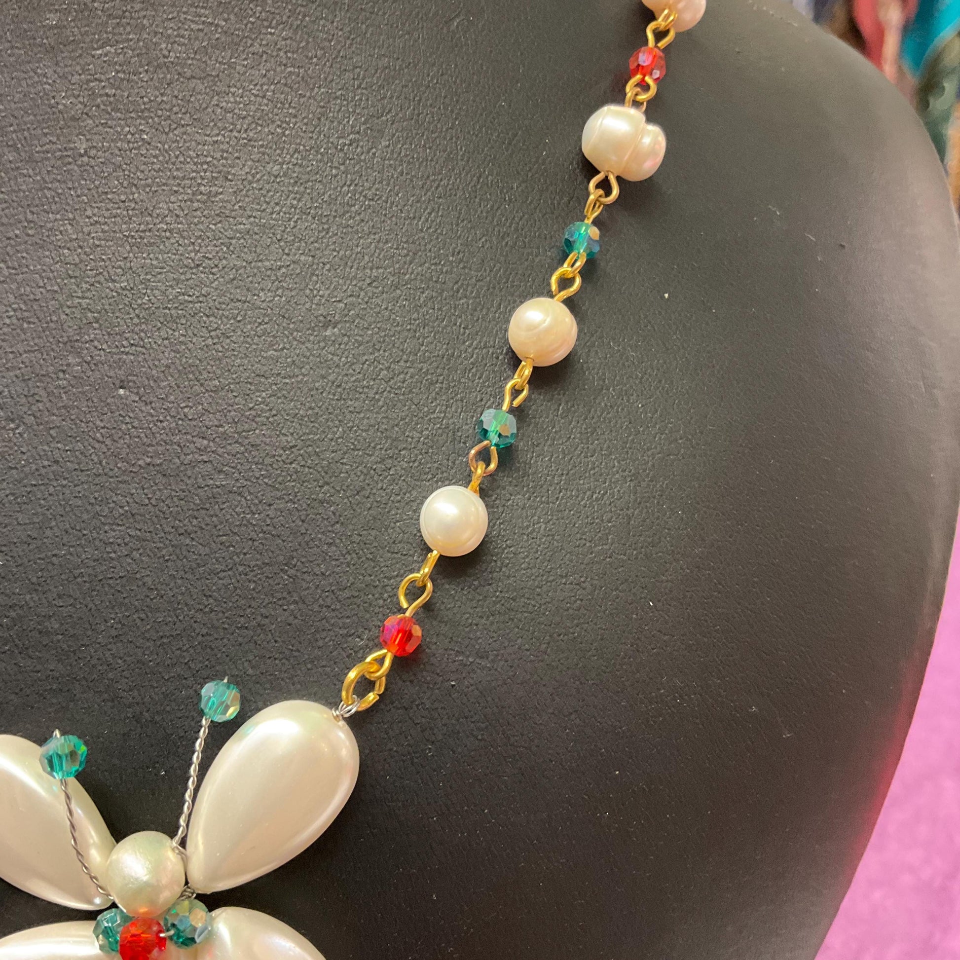 Vintage Butler and Wilson Fresh Water Pearl and Crystal Butterfly Drop Necklace,Ivory pearls with Red and Green crystals, signed as new
