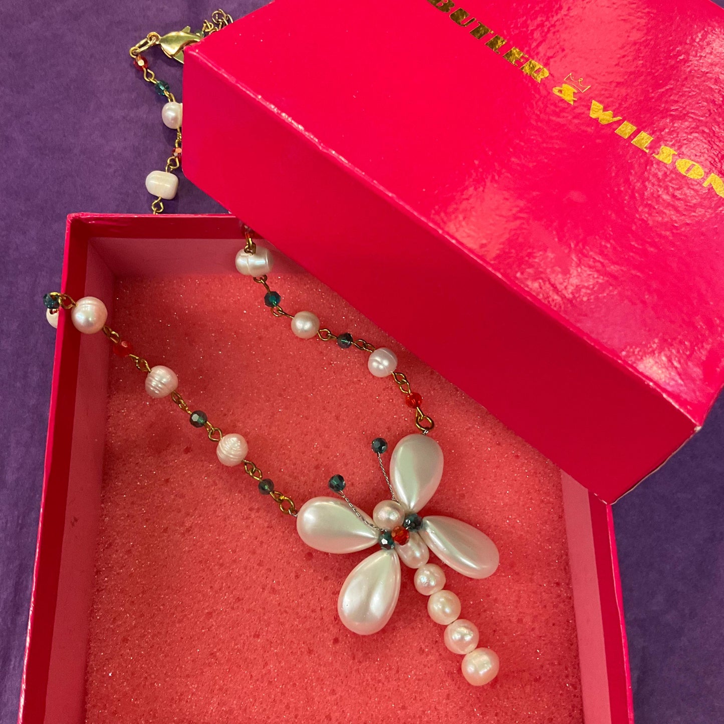 Vintage Butler and Wilson Fresh Water Pearl and Crystal Butterfly Drop Necklace,Ivory pearls with Red and Green crystals, signed as new