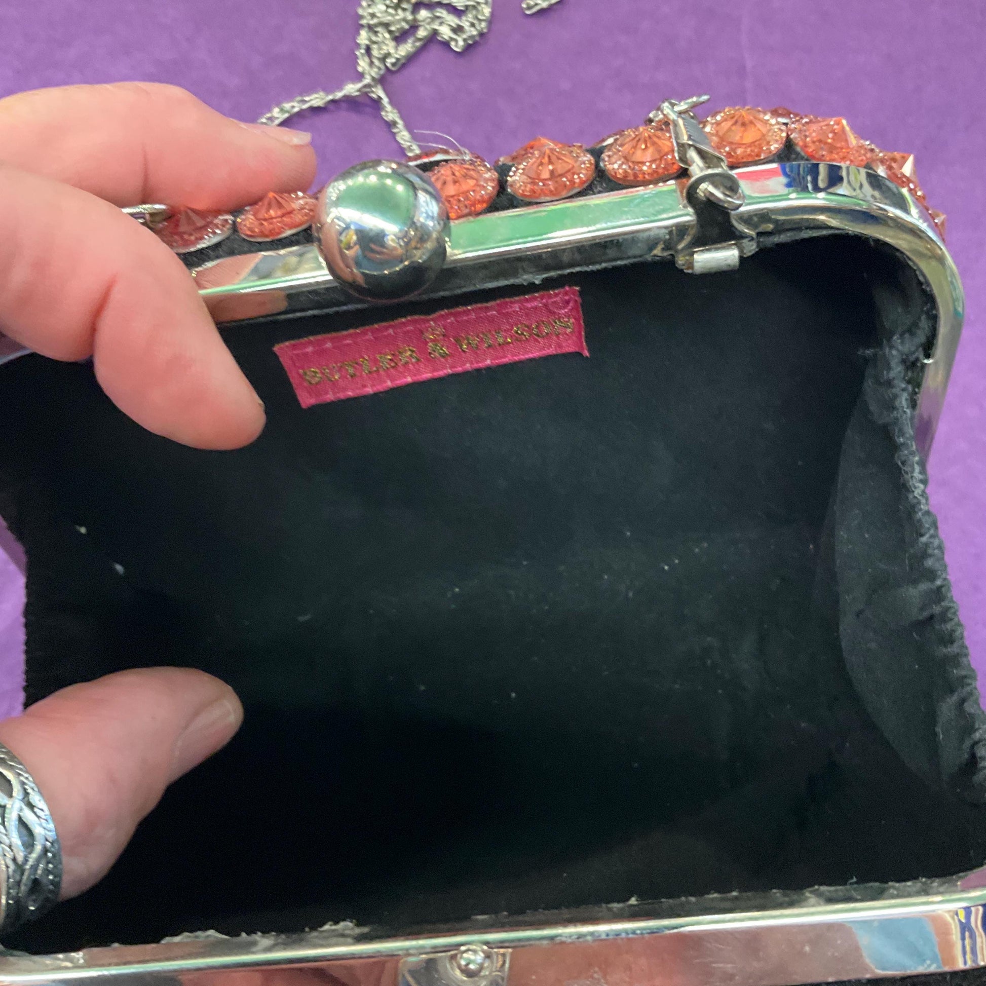 Vintage Butler and Wilson Black Velvet Bejewelled Evening Bag , Rose gold and copper Cabuchons, clutch or Shoulder Bag