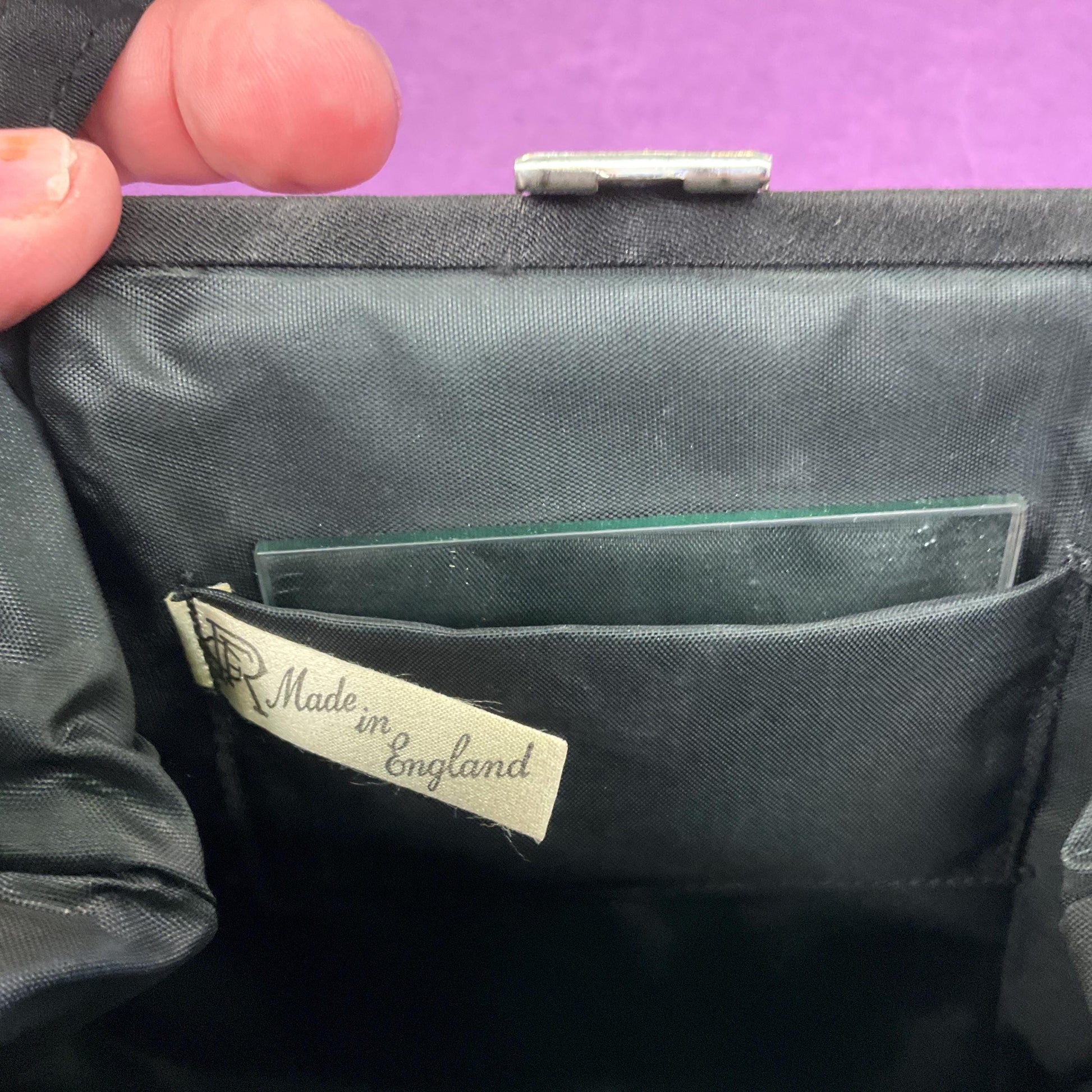 Antique Art Deco Black Crepe Silk Evening Bag by CFR, silver flower clasp, original vanity mirror and George VI sixpence