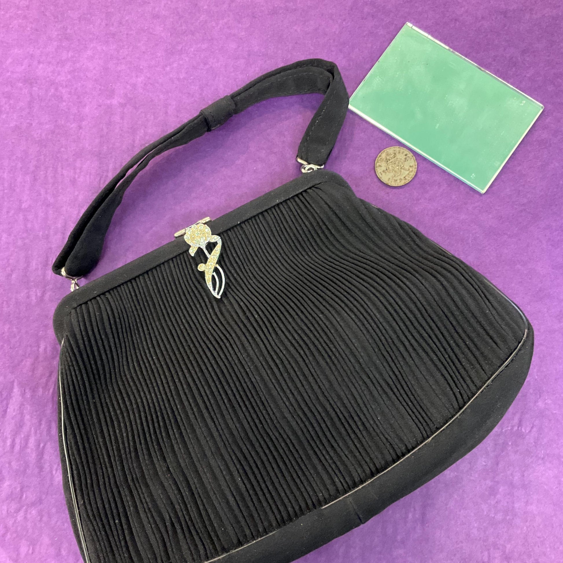 Antique Art Deco Black Crepe Silk Evening Bag by CFR, silver flower clasp, original vanity mirror and George VI sixpence
