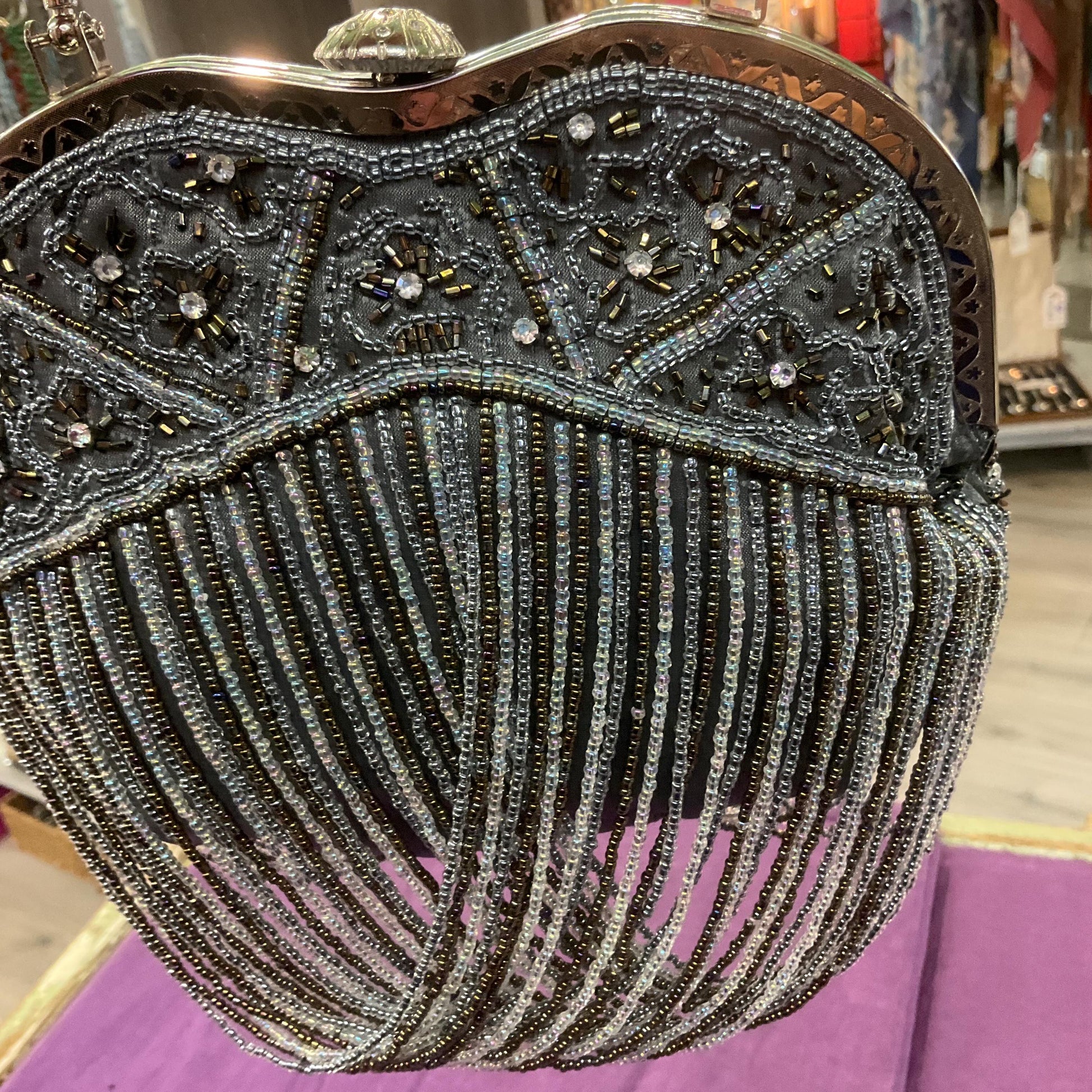 Vintage Butler and Wilson Pewter Satin Beaded Evening Bag with looped fringe, hand bag or shoulder