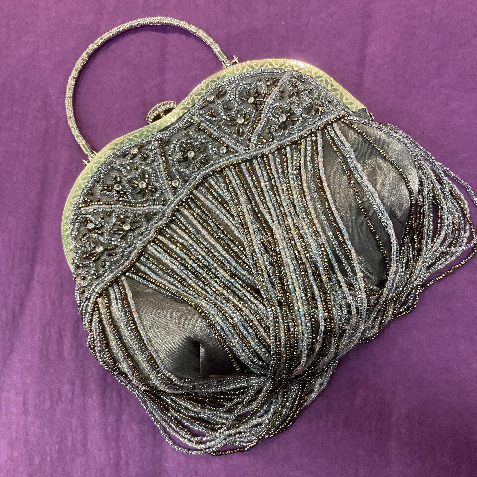 Vintage Butler and Wilson Pewter Satin Beaded Evening Bag with looped fringe, hand bag or shoulder