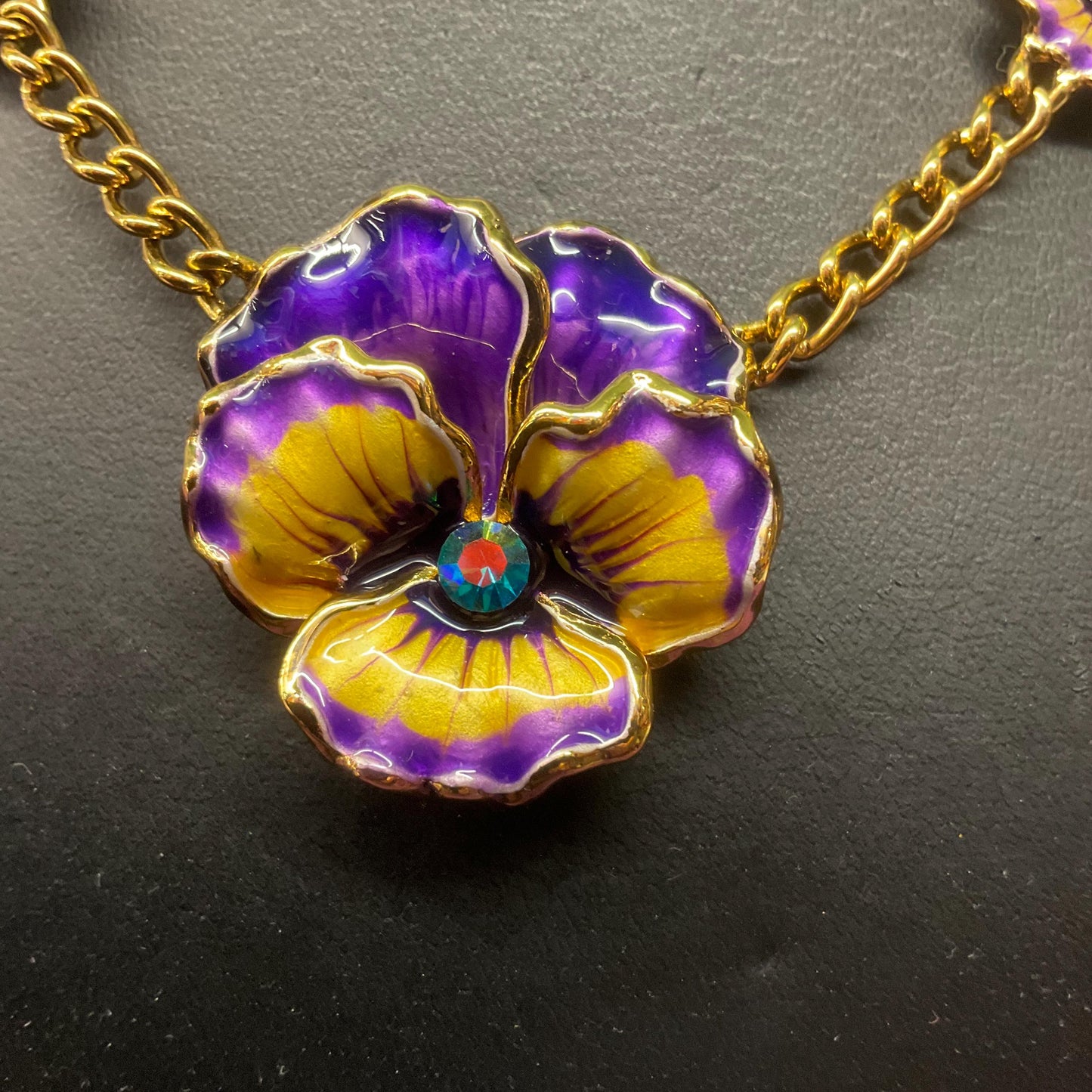 Vintage Butler and Wilson Enamel and Crystal Pansy Necklace, Gold tone with purple, yellow and turquoise crystal