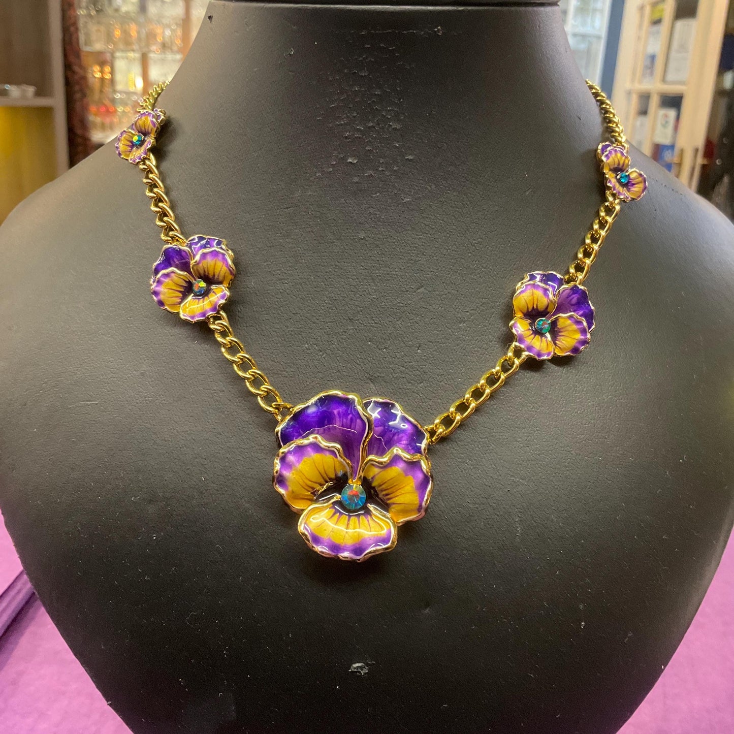 Vintage Butler and Wilson Enamel and Crystal Pansy Necklace, Gold tone with purple, yellow and turquoise crystal