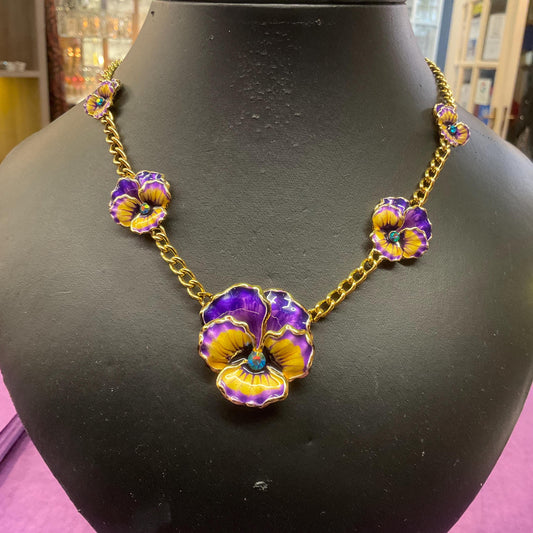 Vintage Butler and Wilson Enamel and Crystal Pansy Necklace, Gold tone with purple, yellow and turquoise crystal