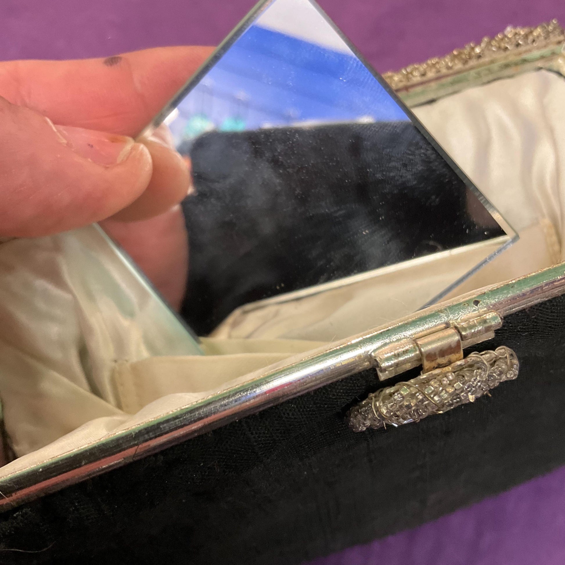 Vintage French Art Deco Black Silk Evening Bag by Dickens and Jones, Silver Crystal Clasp and beaded decoration