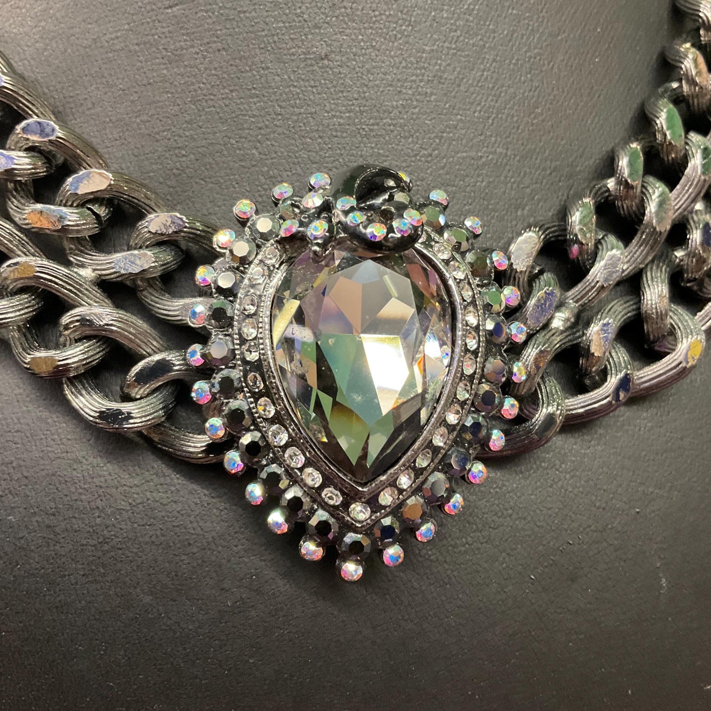 Vintage Butler and Wilson Gothic Crystal Pewter Statement Chain Necklace, Pewter faceted crystal with silver & Borealis rhinestones, signed