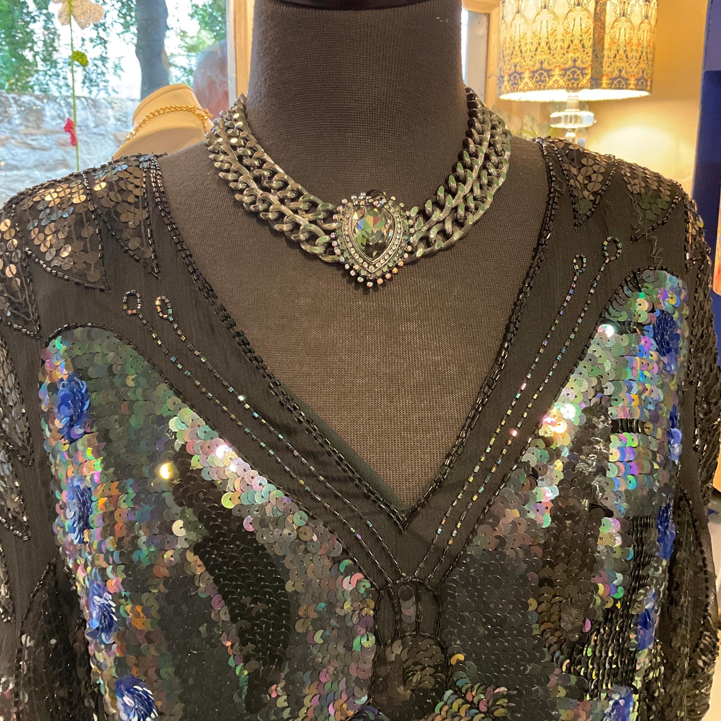 Vintage Butler and Wilson Gothic Crystal Pewter Statement Chain Necklace, Pewter faceted crystal with silver & Borealis rhinestones, signed