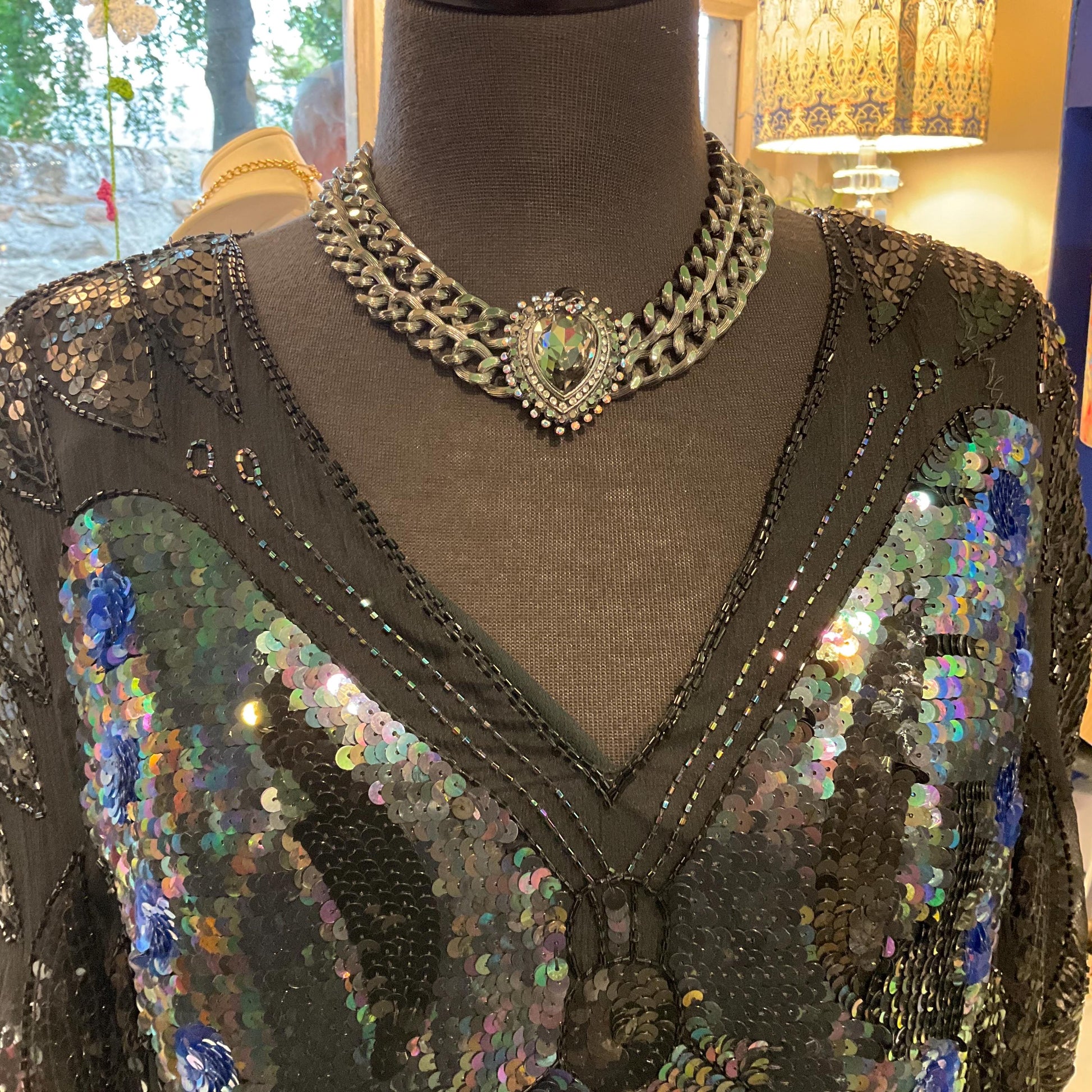 Vintage Butler and Wilson Gothic Crystal Pewter Statement Chain Necklace, Pewter faceted crystal with silver & Borealis rhinestones, signed