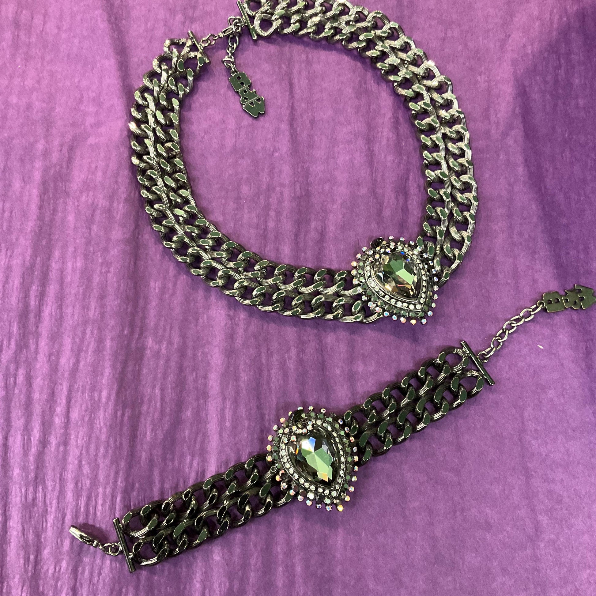 Vintage Butler and Wilson Gothic Pewter Crystal Statement Chain Bracelet , Faceted large crystal with silver and Borealis Rhinestones