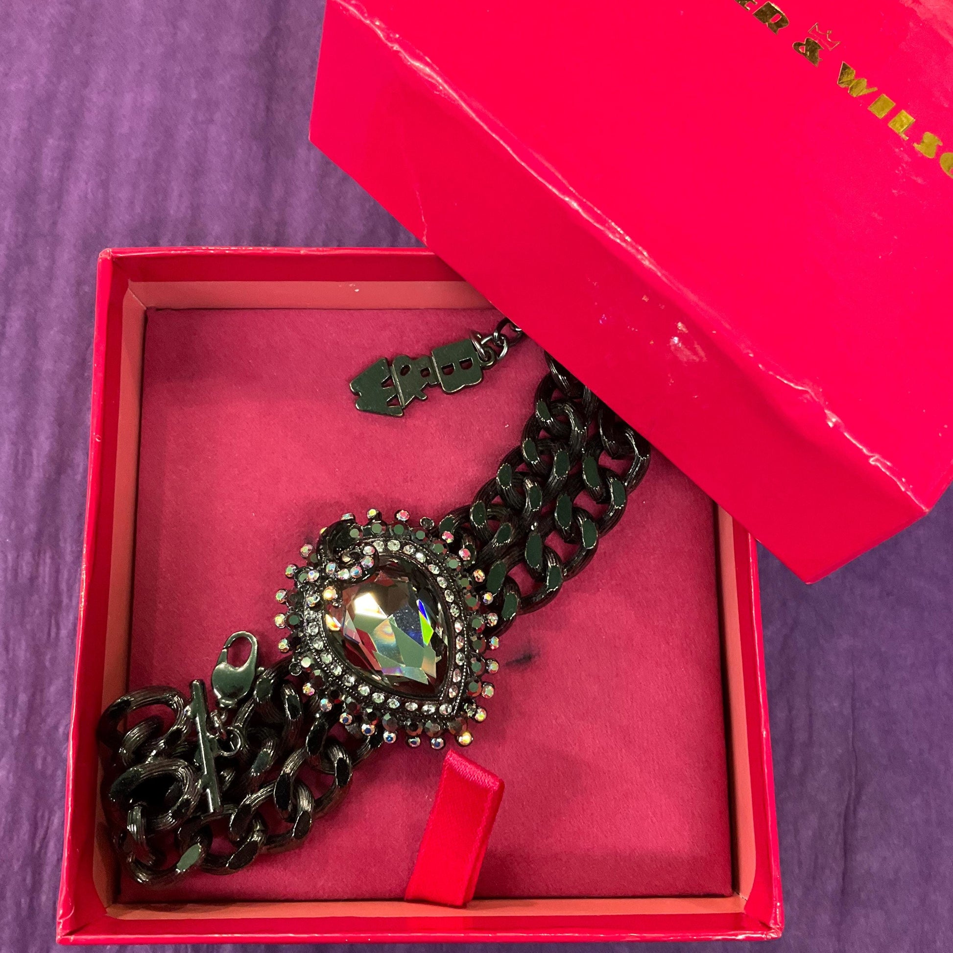 Vintage Butler and Wilson Gothic Pewter Crystal Statement Chain Bracelet , Faceted large crystal with silver and Borealis Rhinestones