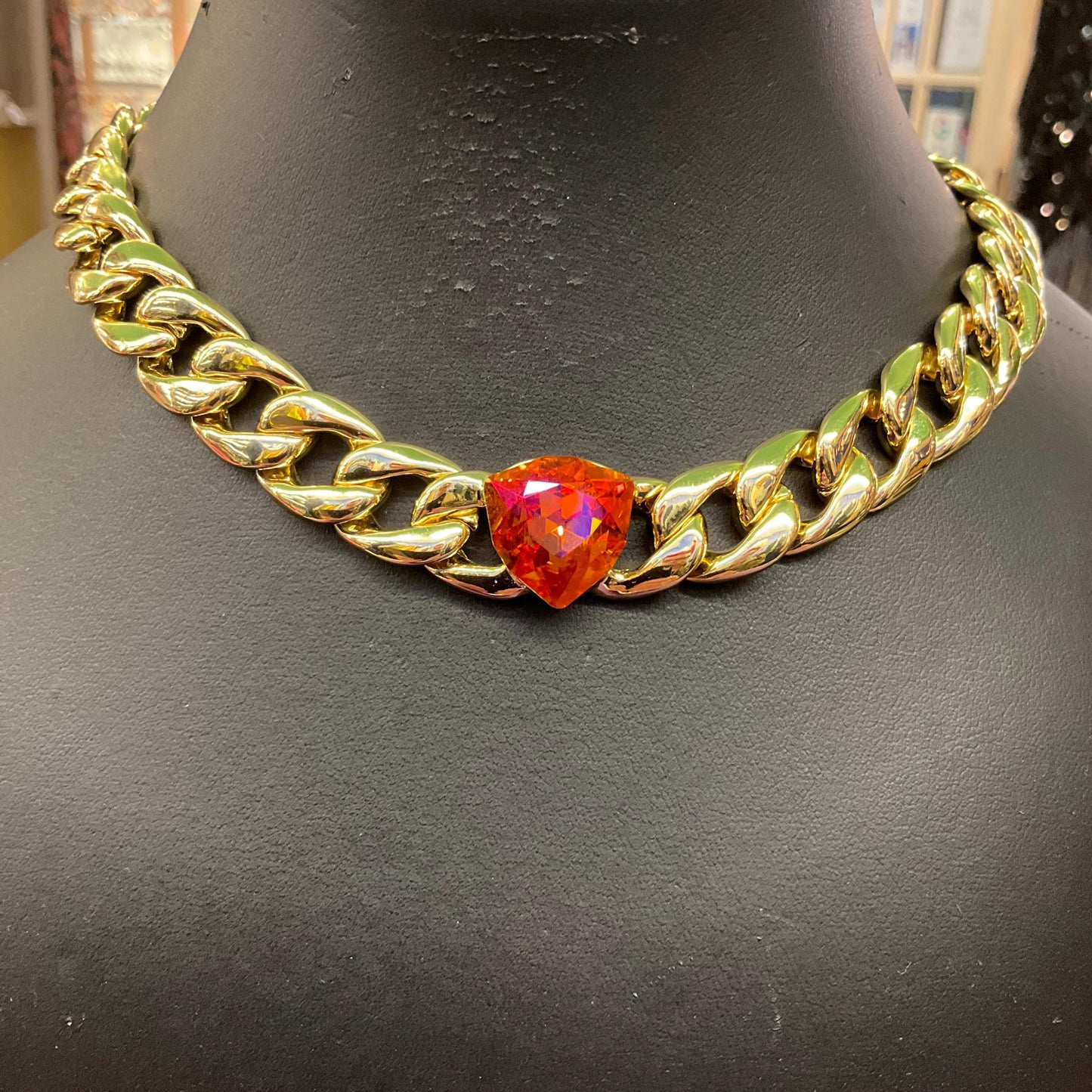 Vintage Butler and Wilson Gold Statement Crystal Chain Necklace, chunky curb chain with orange faceted Borealus Crystal, Signed