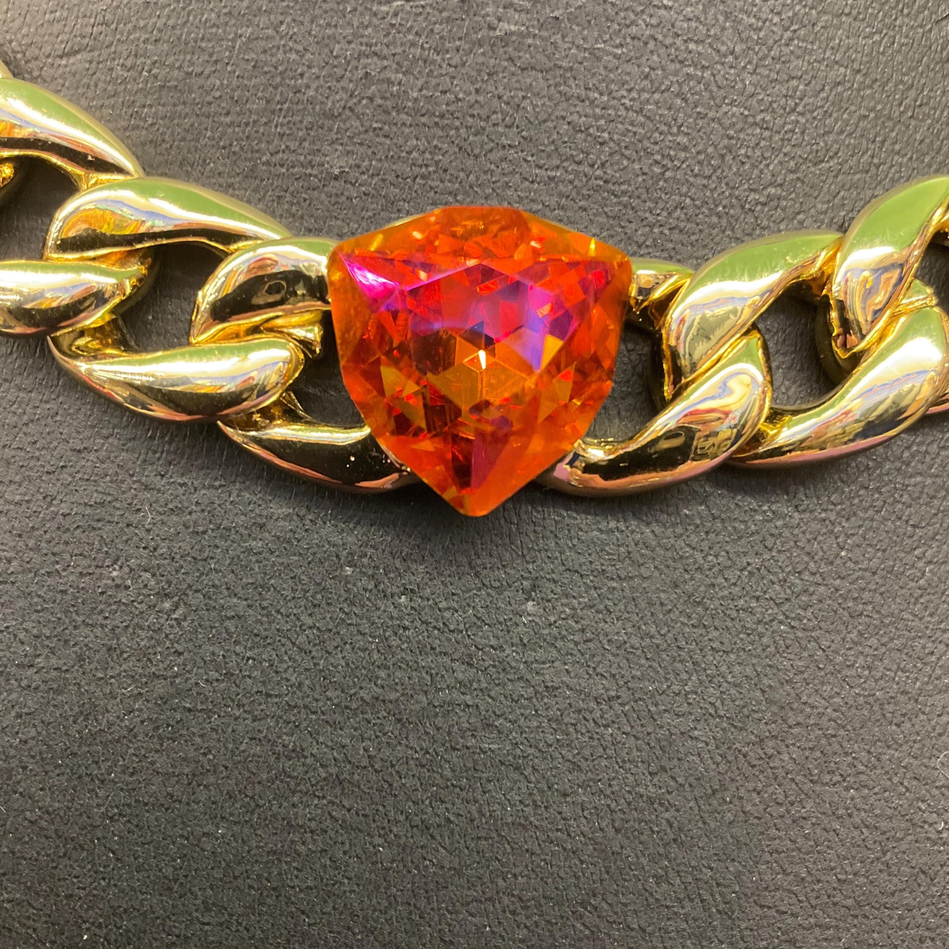 Vintage Butler and Wilson Gold Statement Crystal Chain Necklace, chunky curb chain with orange faceted Borealus Crystal, Signed