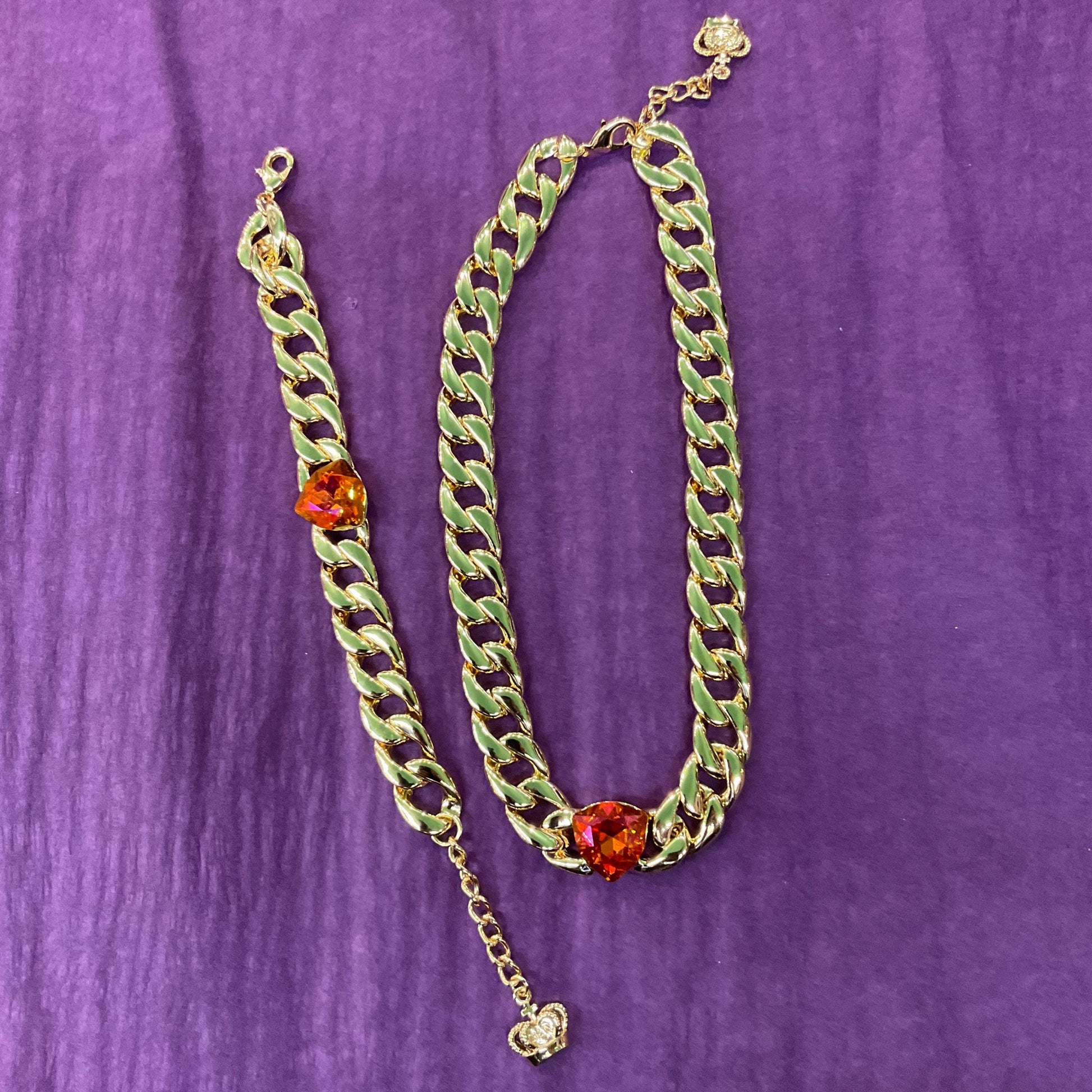 Vintage Butler and Wilson Gold Statement Crystal Chain Braclet, Wide curb chain with orange faceted borealis crystal, Signed