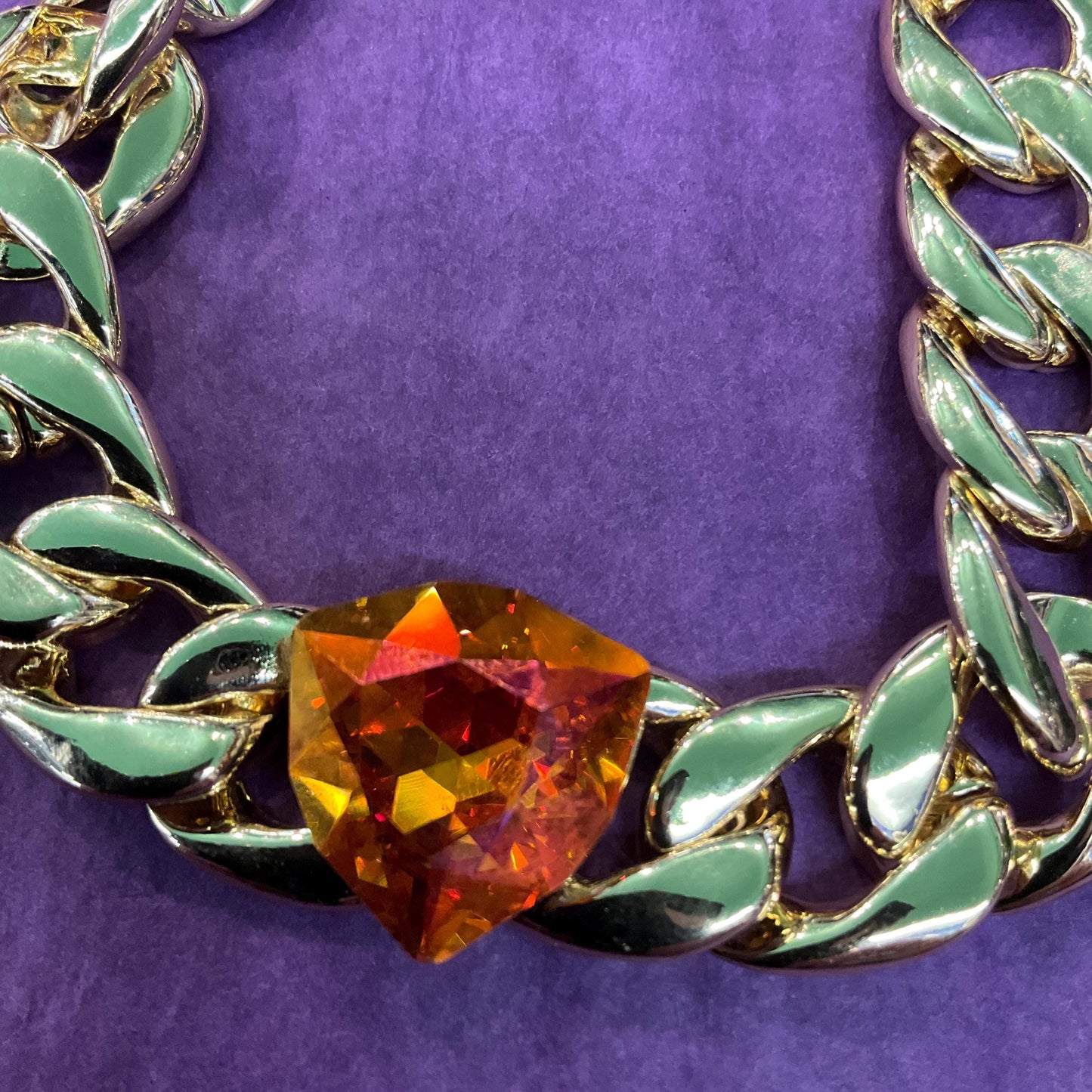 Vintage Butler and Wilson Gold Statement Crystal Chain Braclet, Wide curb chain with orange faceted borealis crystal, Signed