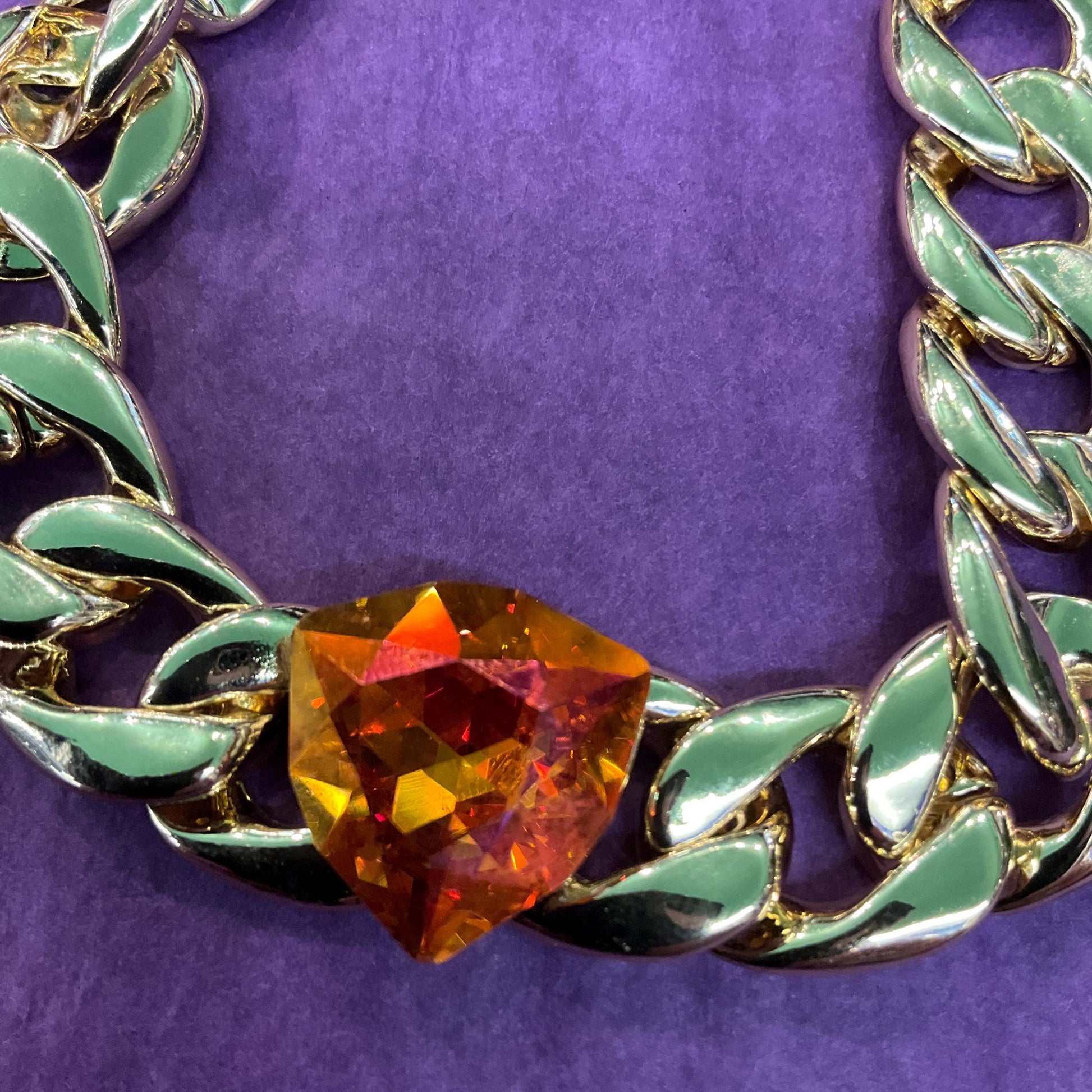 Vintage Butler and Wilson Gold Statement Crystal Chain Braclet, Wide curb chain with orange faceted borealis crystal, Signed