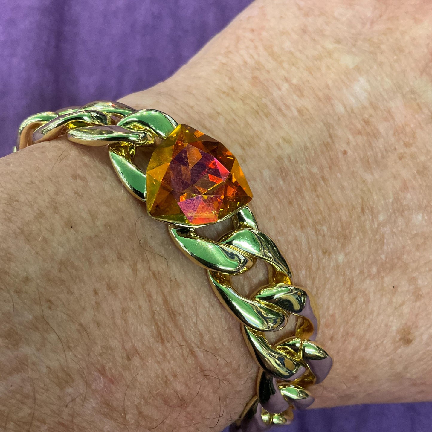 Vintage Butler and Wilson Gold Statement Crystal Chain Braclet, Wide curb chain with orange faceted borealis crystal, Signed