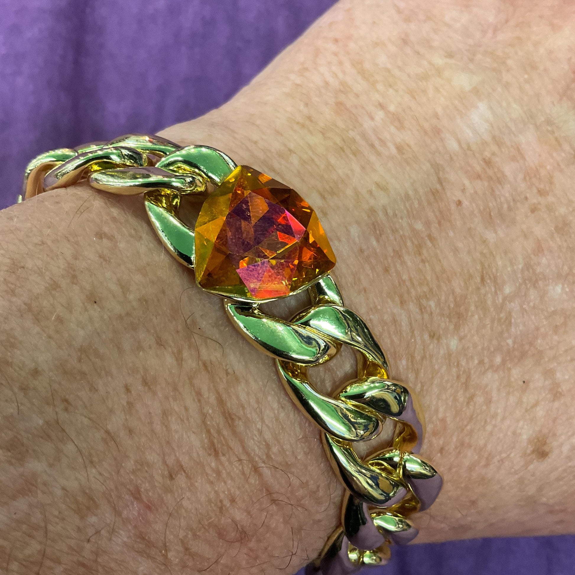 Vintage Butler and Wilson Gold Statement Crystal Chain Braclet, Wide curb chain with orange faceted borealis crystal, Signed